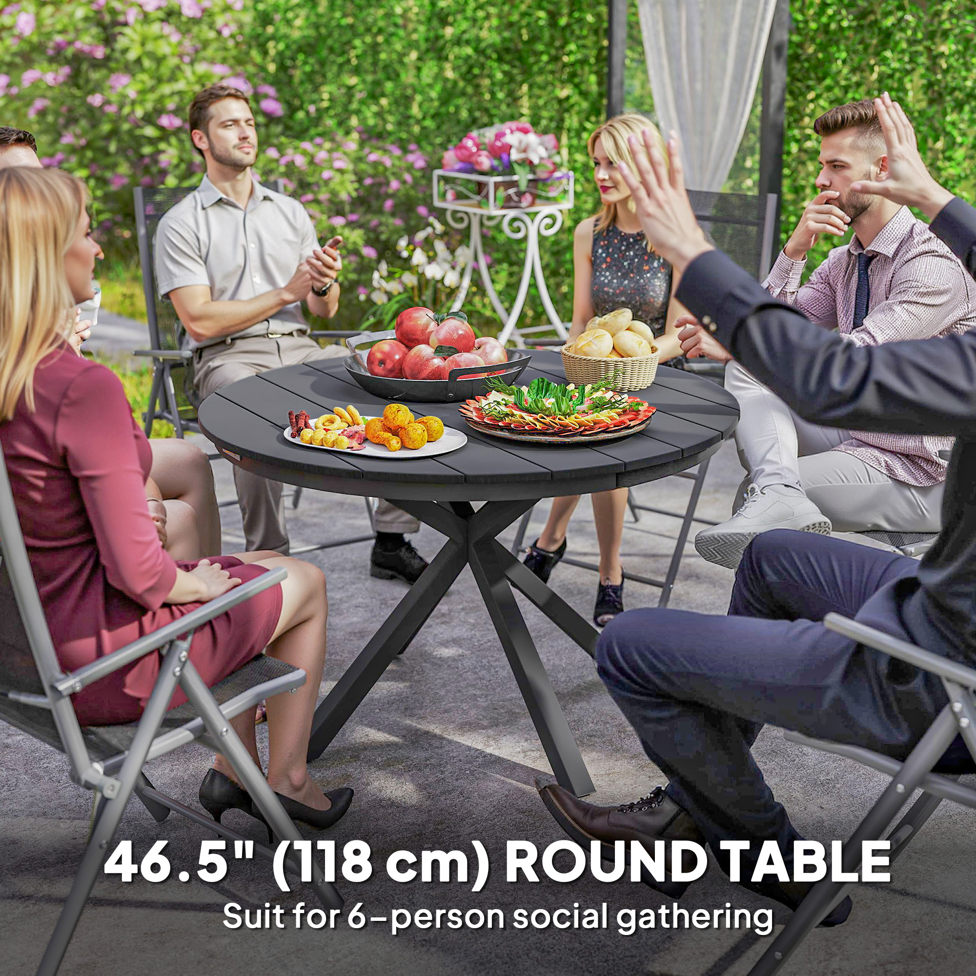 46.5" Outdoor Dining Table for 6, Round Picnic Table with Slatted Top for Balcony, Porch, Black - Image 2