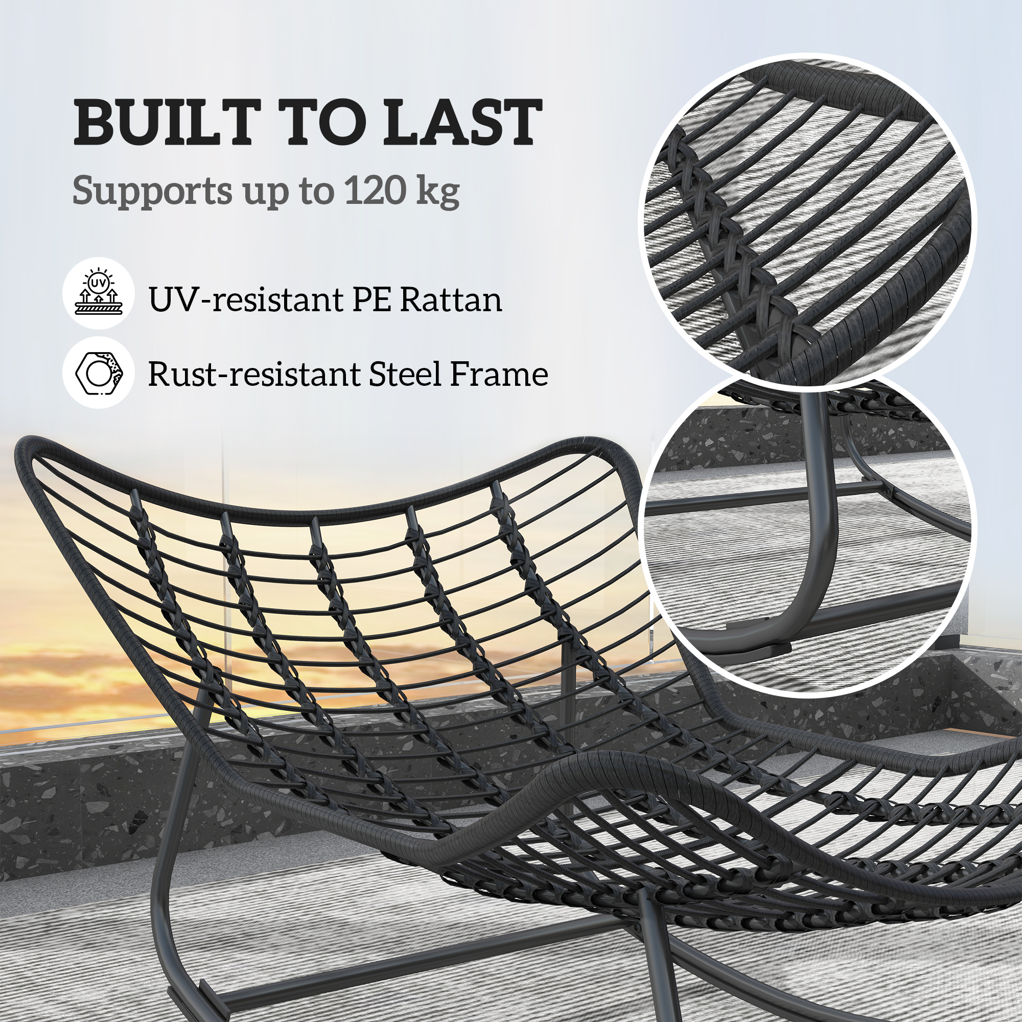 Oversized Rattan Patio Egg Chair, Outdoor Rocking Chair with Padded Cushion for Indoor, Porch, Grey - Image 4