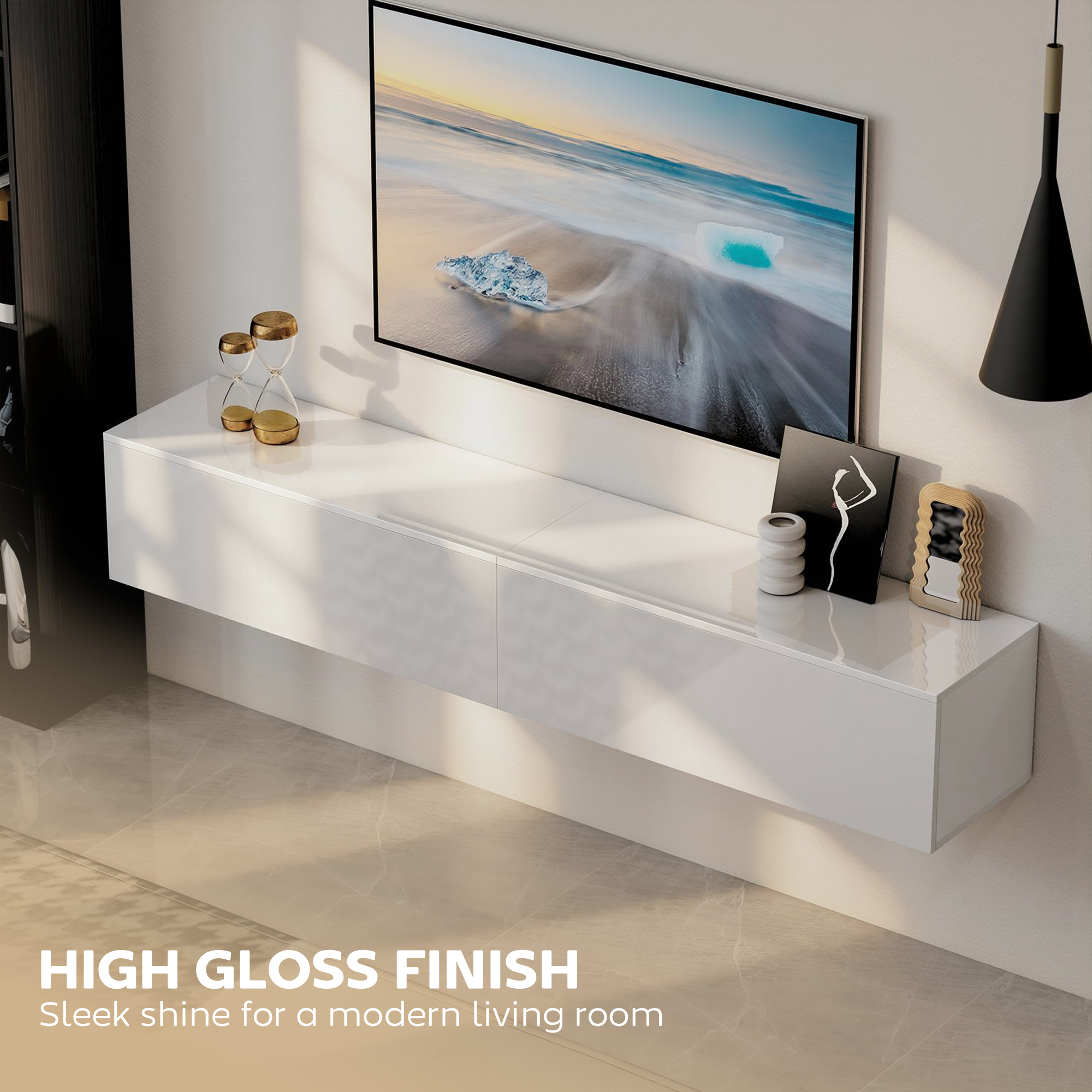 Floating TV Stand for TVs up to 75 Inch, 70.9" TV Cabinet, Entertainment Center with 2 Flip Doors, High Gloss White - Image 4