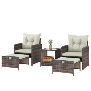 5 Piece Patio Furniture Set, Wicker Patio Chairs with Ottomans, 2-Tier Glass Coffee Table and Cushions, Brown/Cream