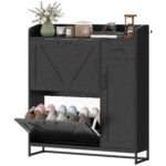 Farmhouse Shoe Storage Cabinet with Side Cabinet and Adjustable Shelves for Entryway, Hallway, Holds 12 Pairs, Black