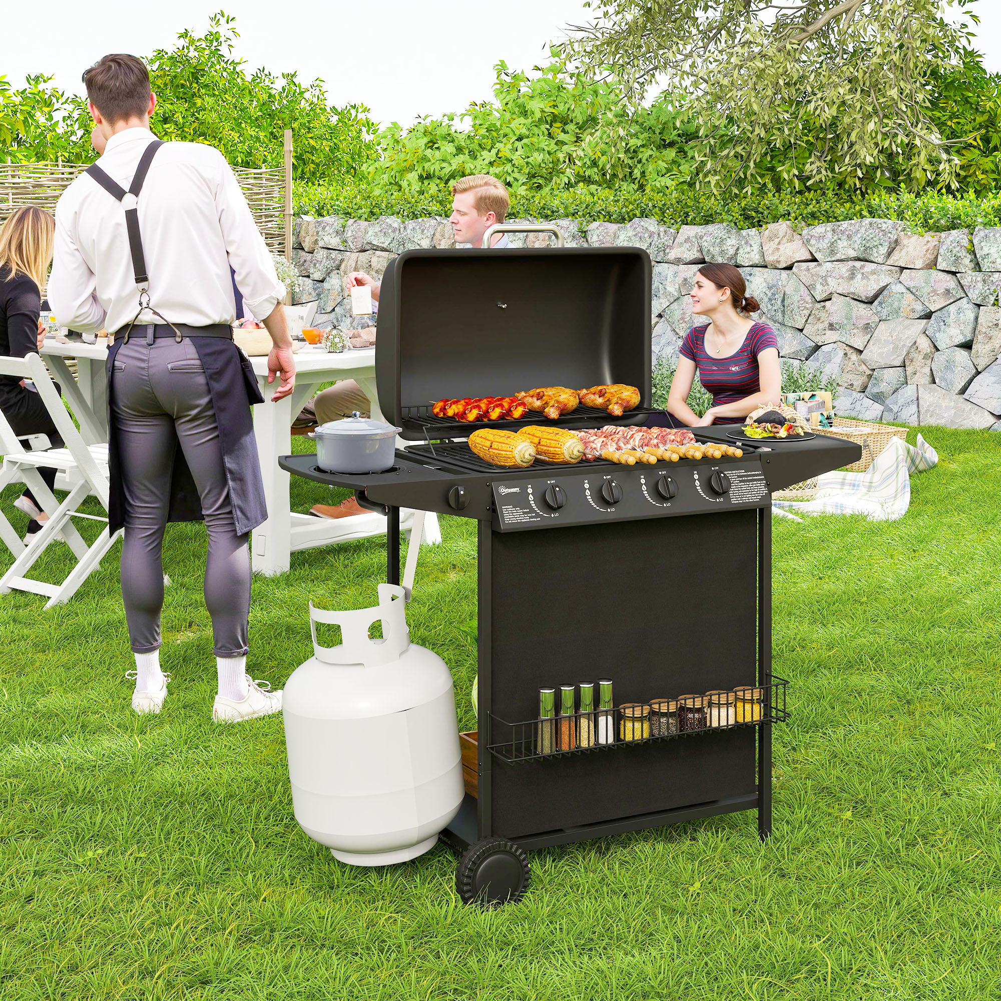 4+1 Burner Propane Gas BBQ Grill, Portable Gas Barbecue Grill with Side Burner, Thermometer, Lid, Side Table, Shelf, Spice Rack, Wheels, Grease Cup for Garden, Black - Image 6