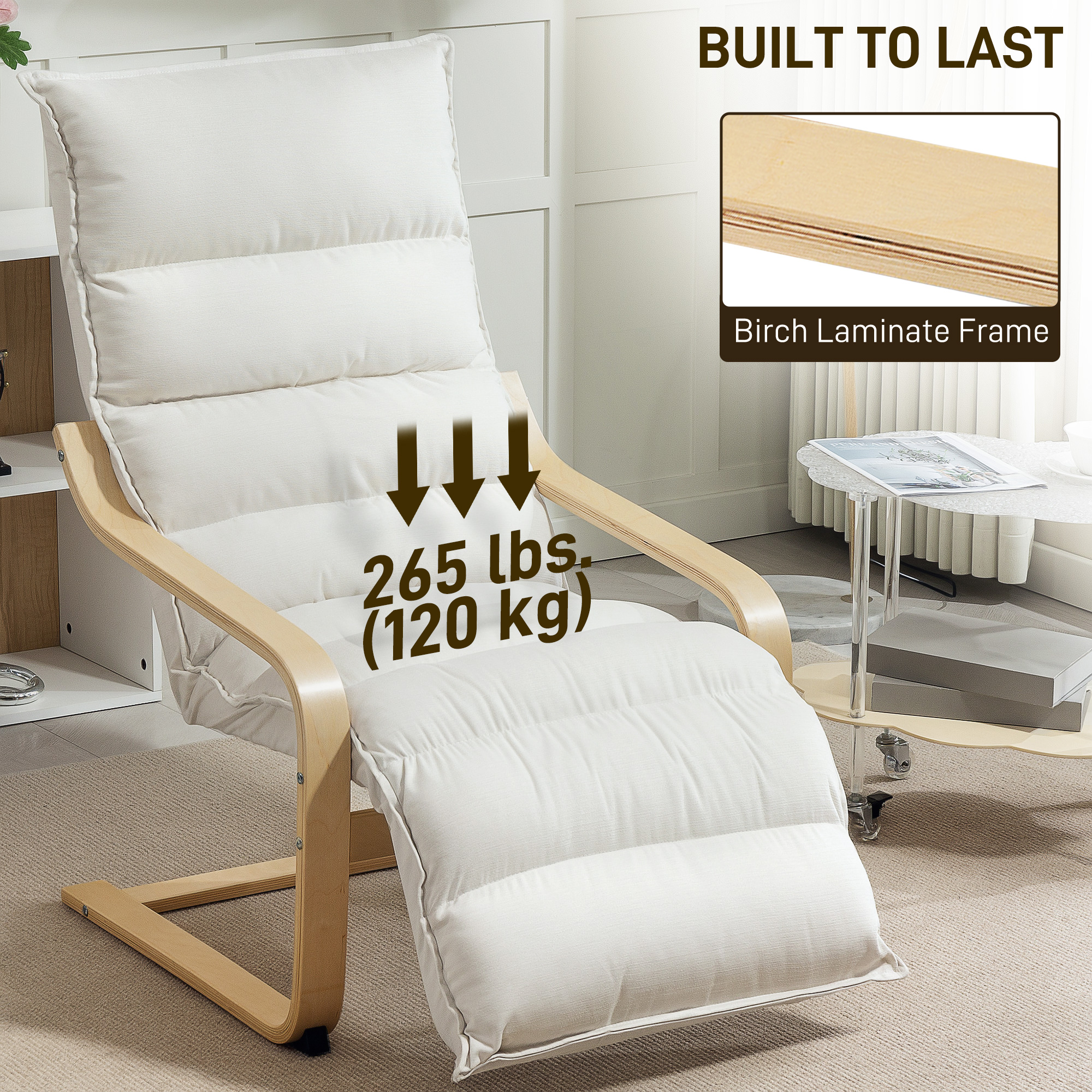 Accent Chair, Velvet Upholstered Living Room Chair with Footrest, Wood Frame, Cream White - Image 5
