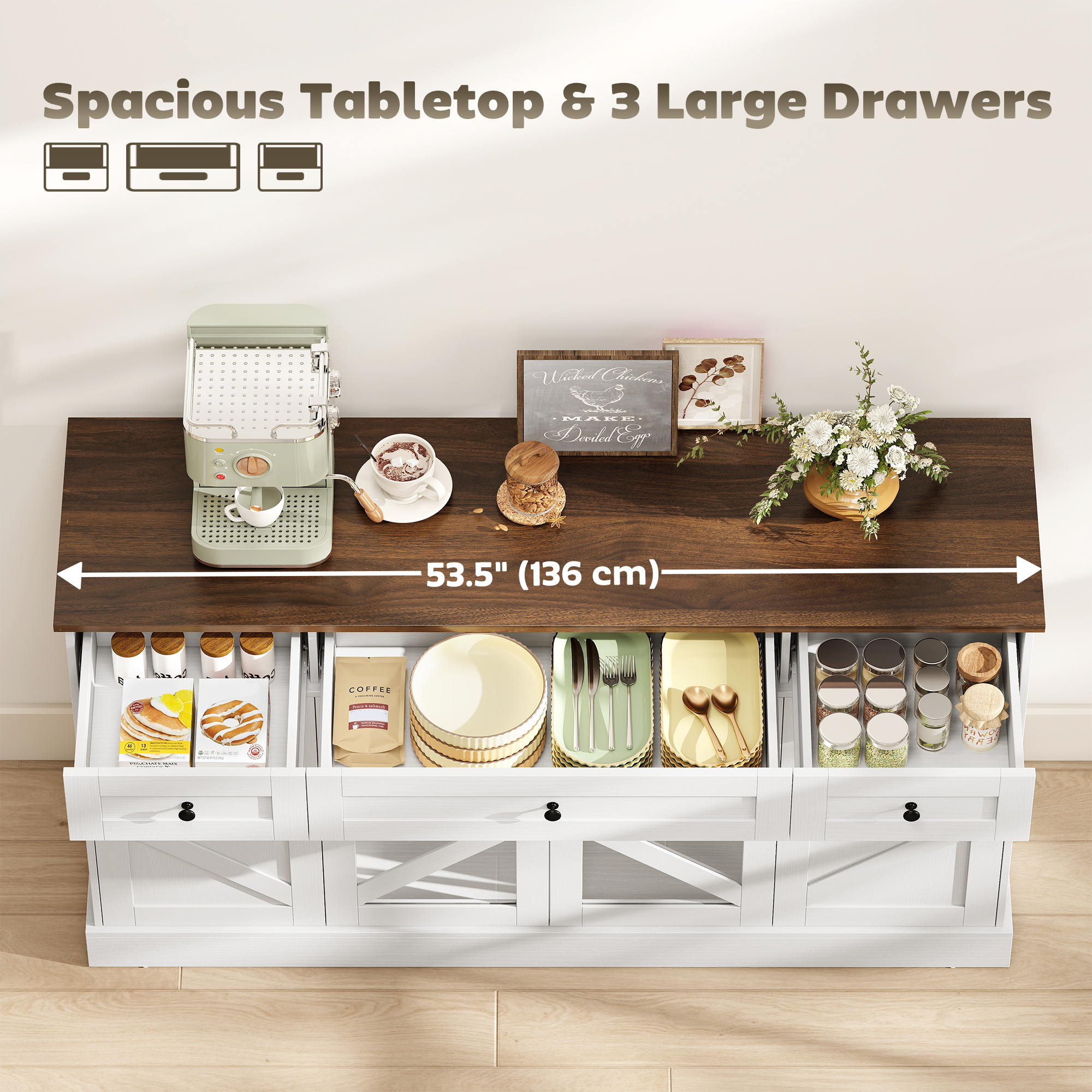 Sideboard Buffet Cabinet, 54" Farmhouse Kitchen Storage Cabinet with Acrylic Barn Doors and 3 Drawers, White Wood Grain - Image 3