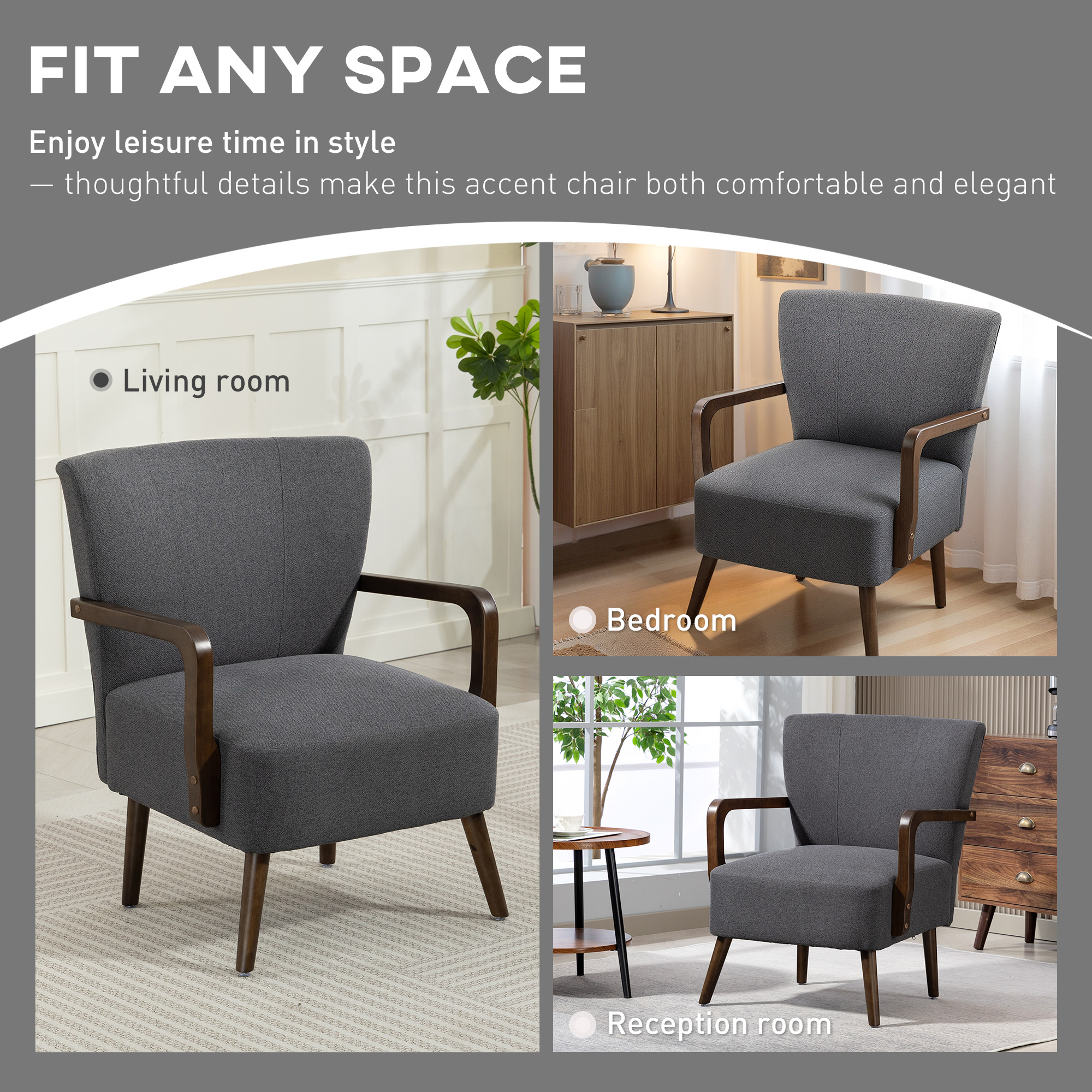 Accent Chair with Wooden Legs, Linen Fabric Armchair with Thick Padding, Comfy Chair for Living Room, Dark Grey - Image 4