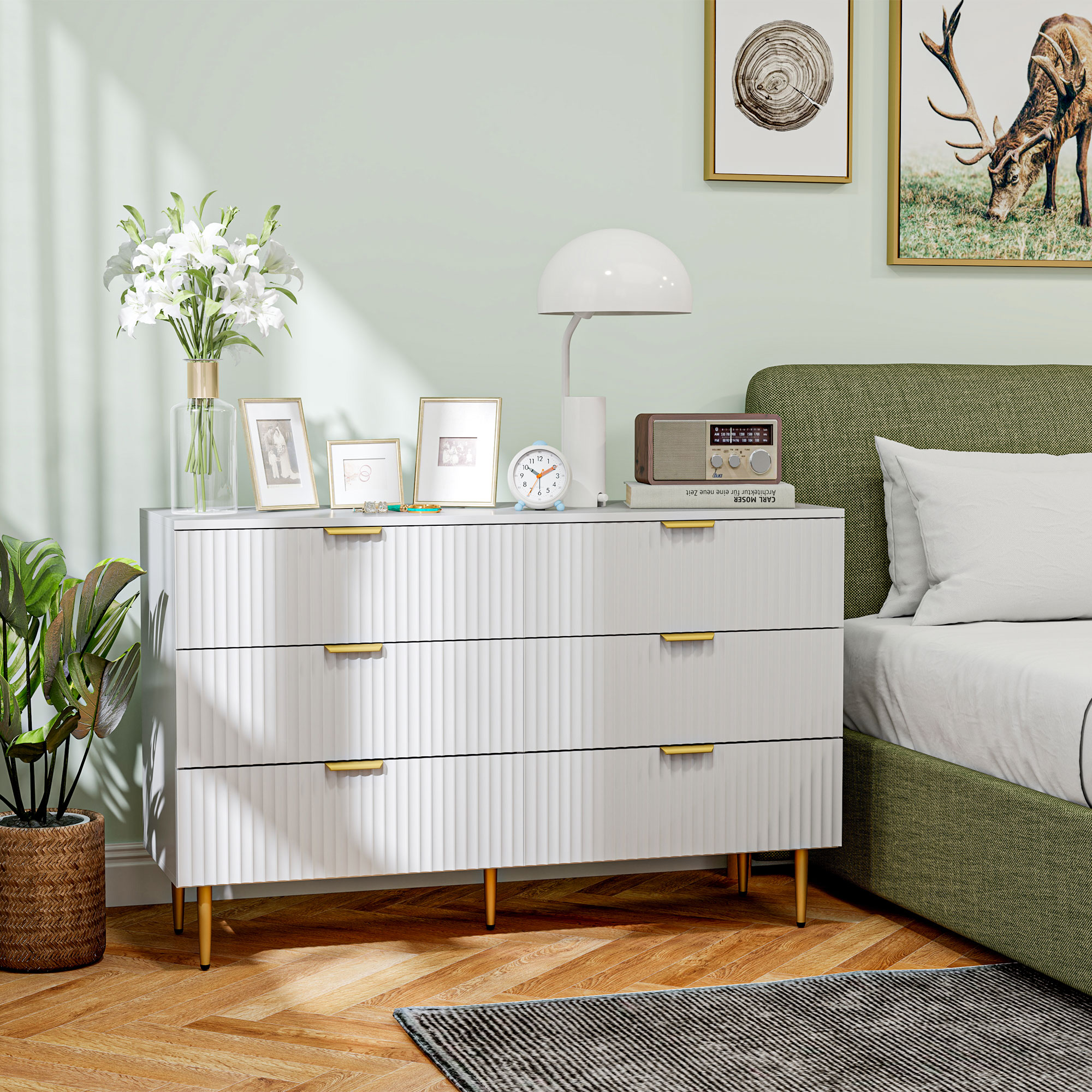 Modern Chest of Drawers 6 Drawer Dresser for Bedroom with Gold Legs and Handles, White - Image 5