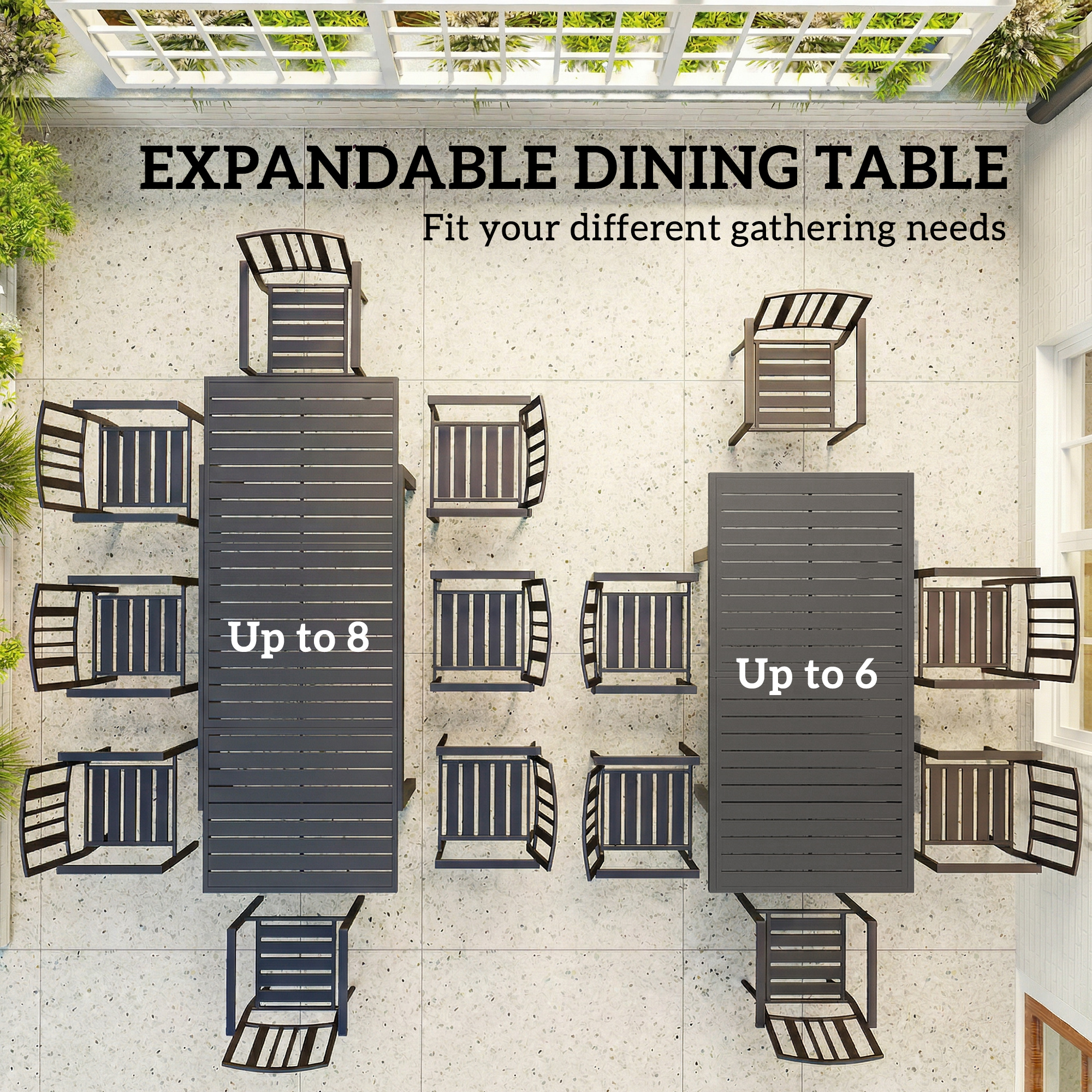Expandable Outdoor Dining Table for 6-8 People, 59"-89" Aluminum Patio Dining Table with Slatted Top, Dark Grey - Image 2
