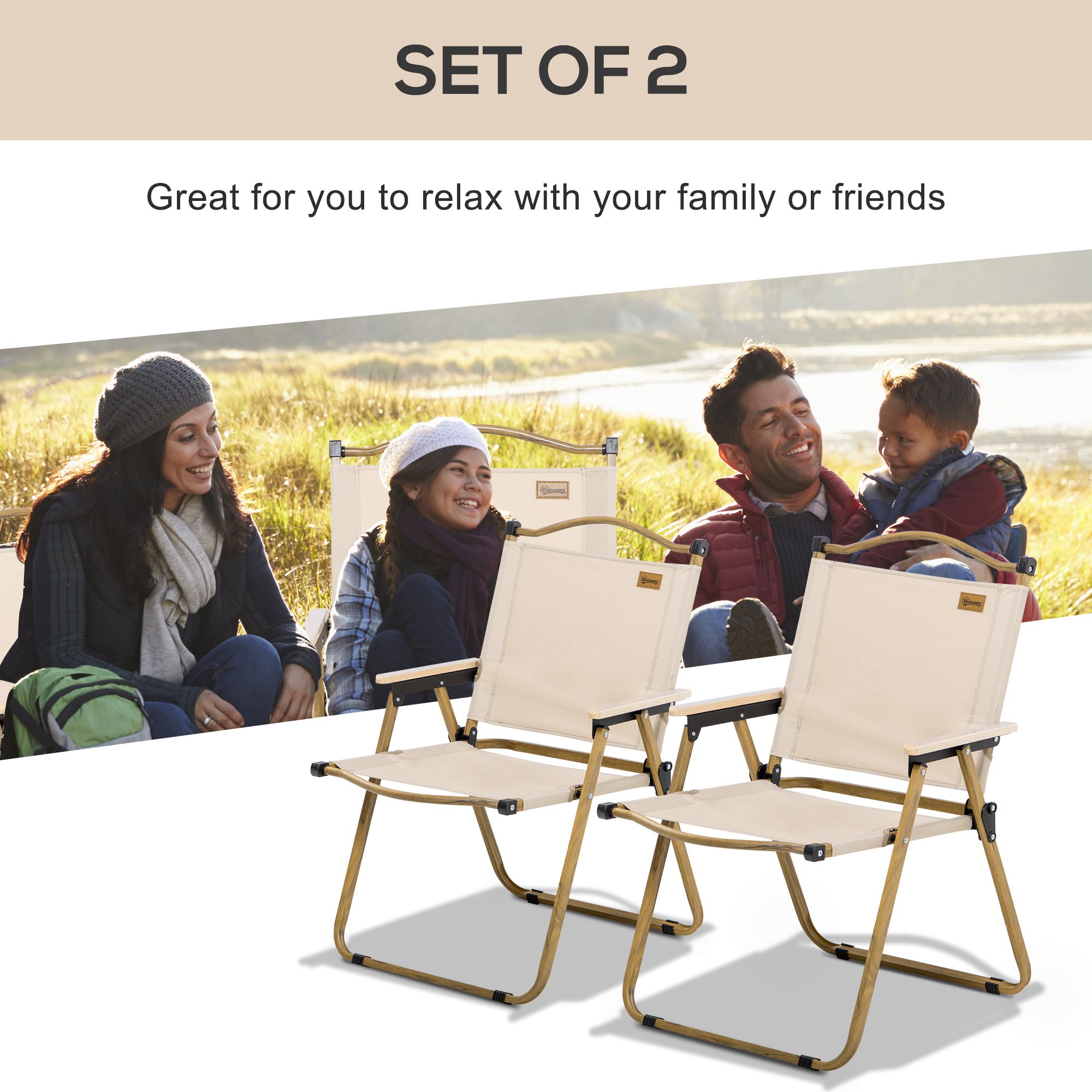 Set of 2 Camping Chair, Lightweight Folding Chair, Portable Armchairs, Excellent for Festivals, Fishing, Khaki - Image 2