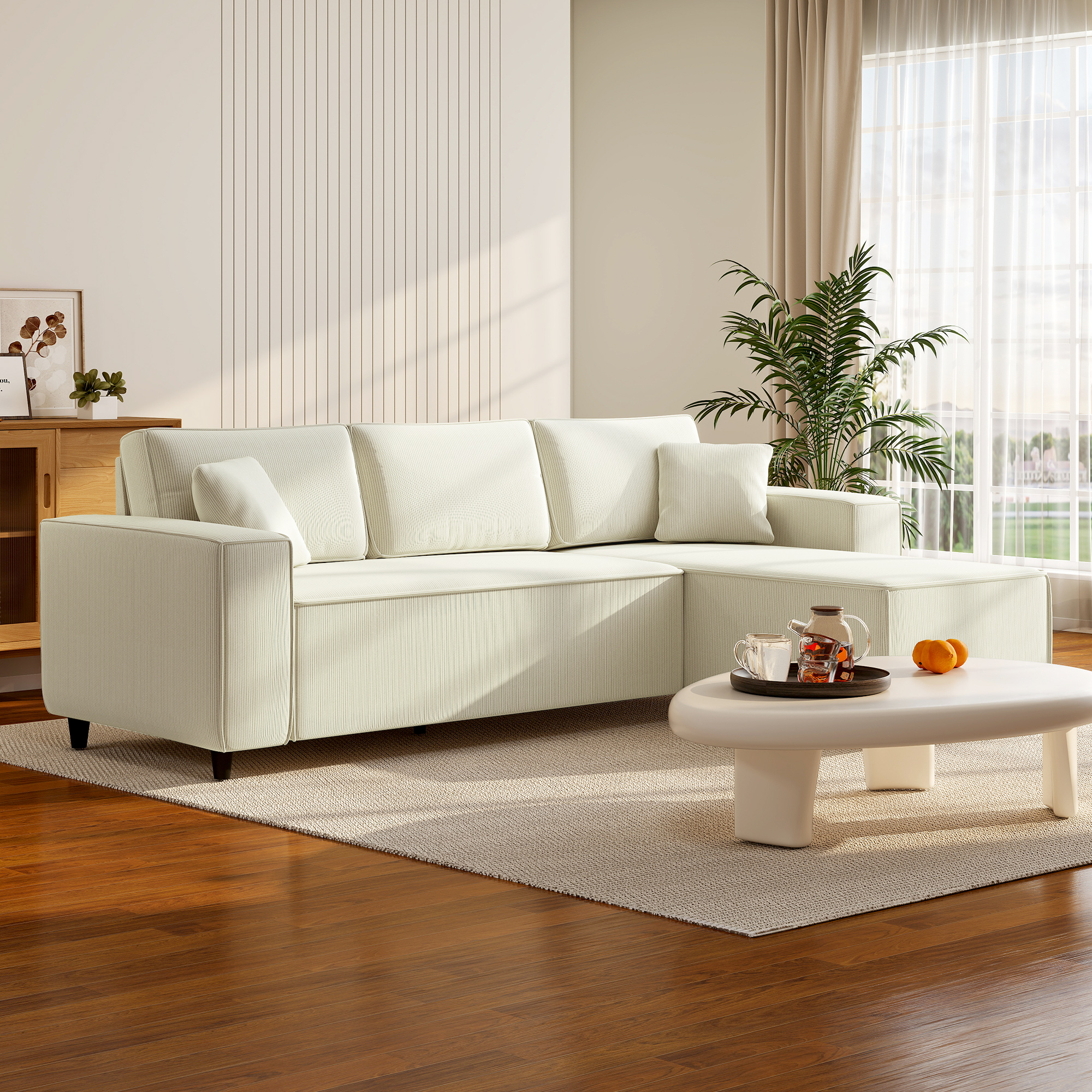 Corner Sofa with Changeable Chaise, Corduroy L-Shaped Sectional Sofa with Pocket Spring, 2 Pillows, Cream White - Image 6