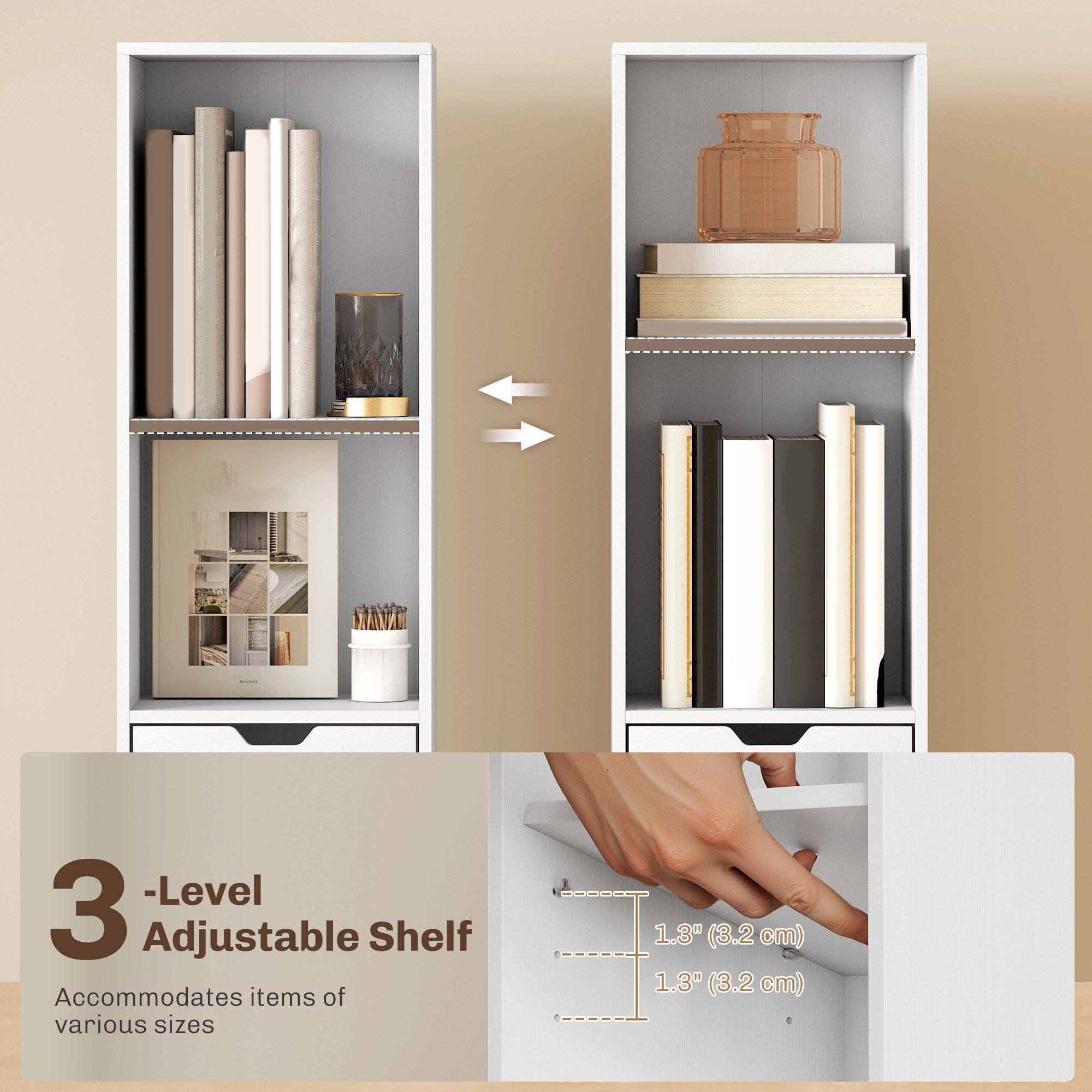 6-Tier Bookcase, Tall Narrow Bookshelf with Drawer and Door, White - Image 3