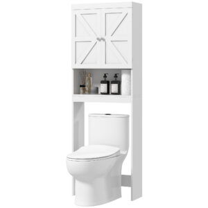 Over The Toilet Cabinet, Modern Bathroom Above Toilet Storage with Barn Doors and Open Shelf, White