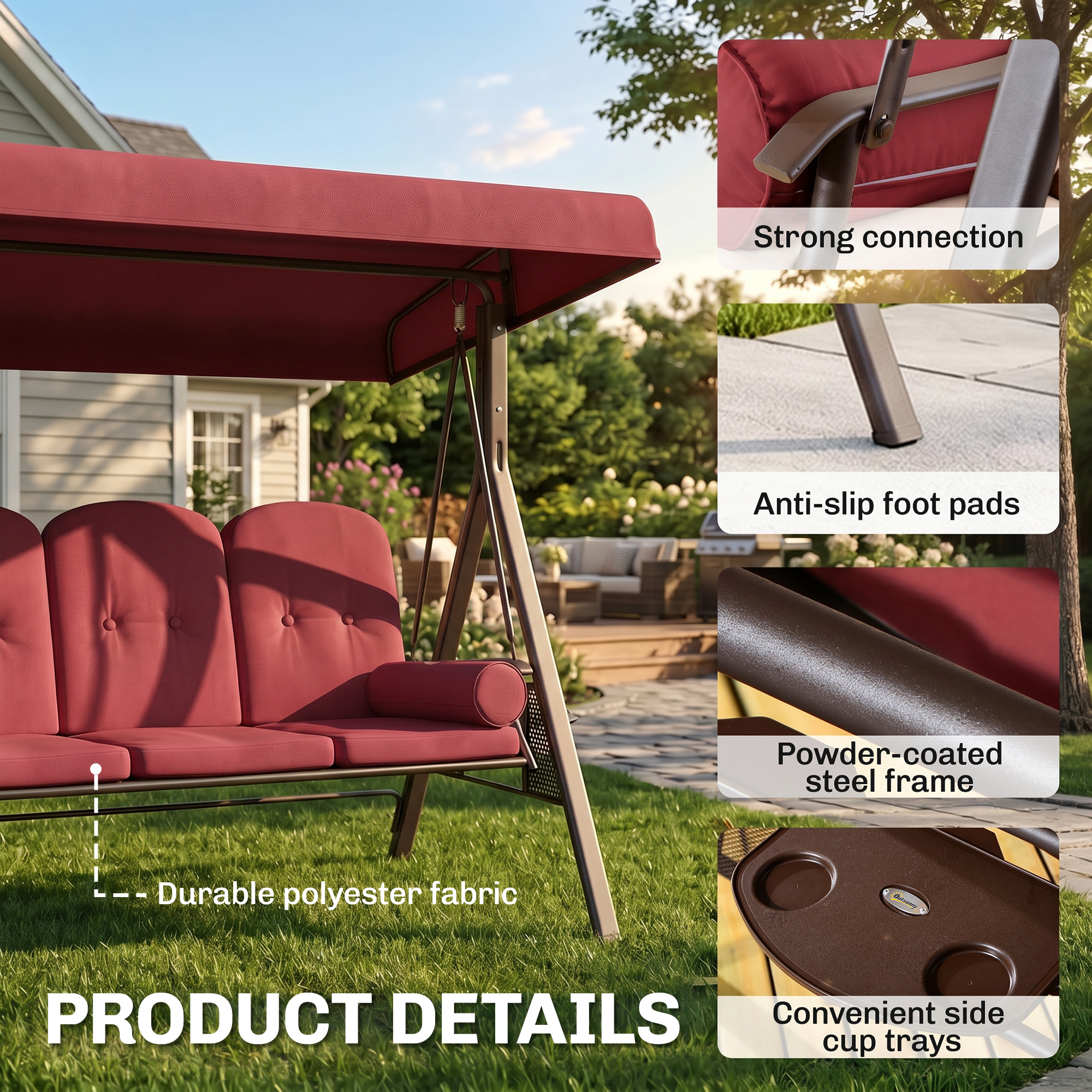Outdoor Patio 3-Person Steel Canopy Cushioned Seat Bench Swing with Included Side Trays & Padded Comfort, Wine Red - Image 3
