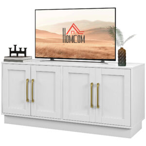 Modern TV Stand for up to 55" TV, TV Cabinet with 4 Soft Hinged Doors, 4 Cable Holes and 2 Adjustable Shelves, White
