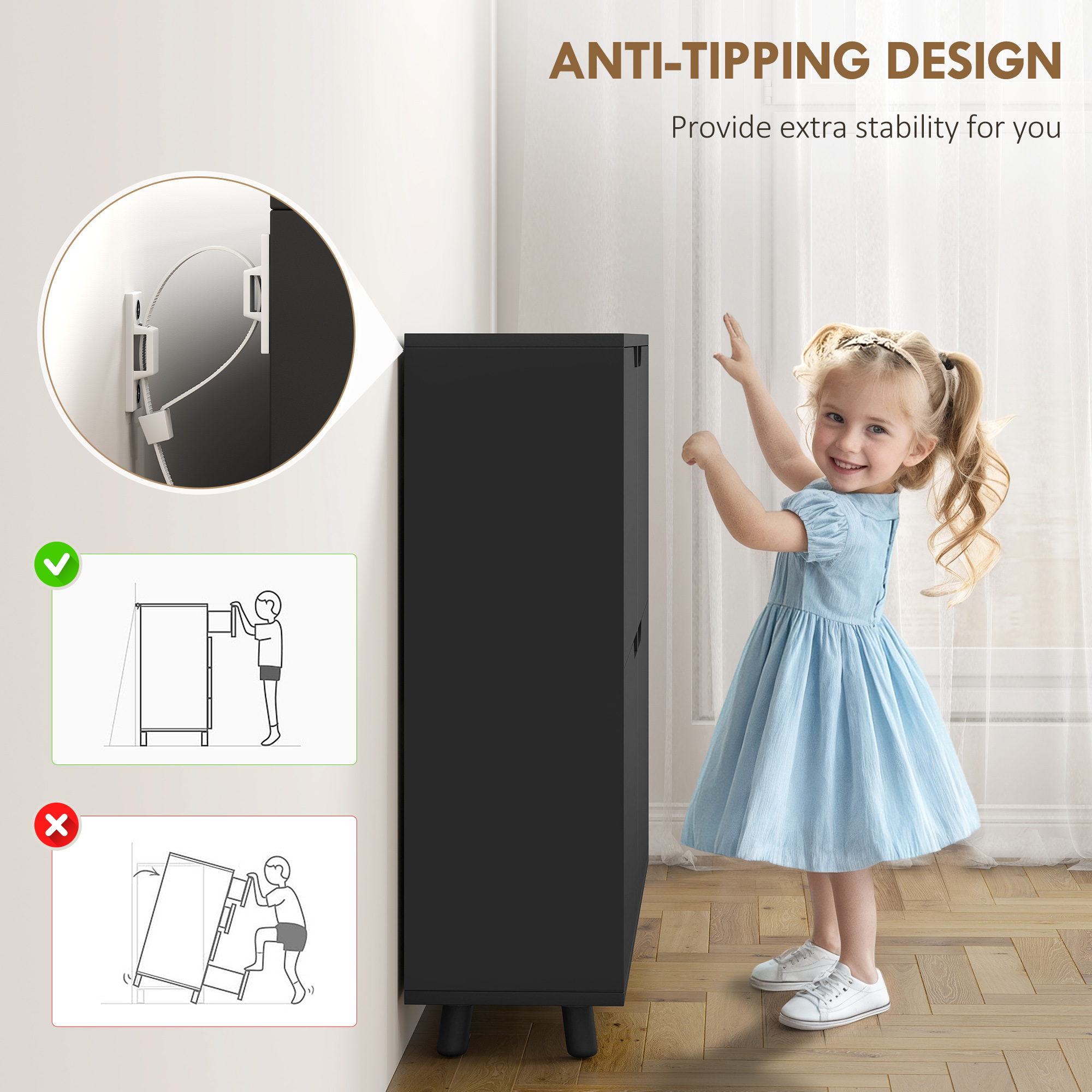 Narrow Shoe Cabinet, Shoe Storage Cabinet with 4 Flip Drawers and Adjustable Shelves for 16 Pairs of Shoes, Black - Image 5