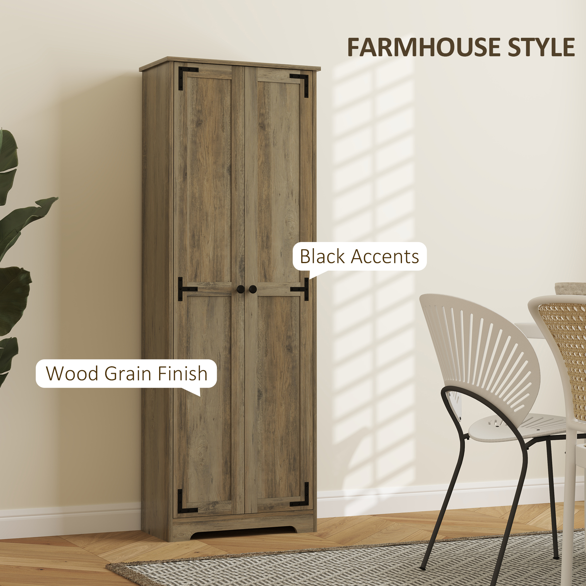 67" Farmhouse Pantry Cabinet with 2 Doors, Tall Storage Cabinet with Adjustable Shelves, Distressed Grey - Image 2