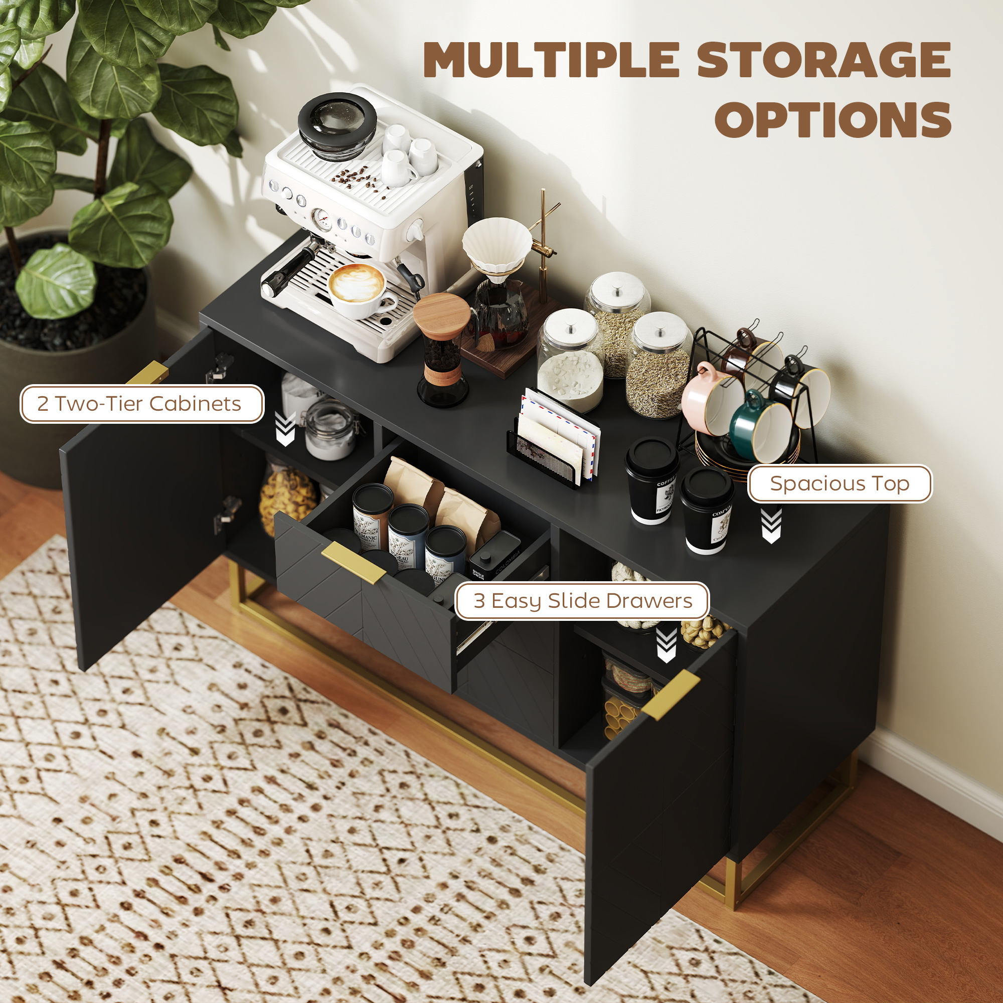Sideboard Storage Cabinet with 3 Drawers, Adjustable Shelves and Doors, Kitchen Buffet Cabinet for Dining Room, Black - Image 3