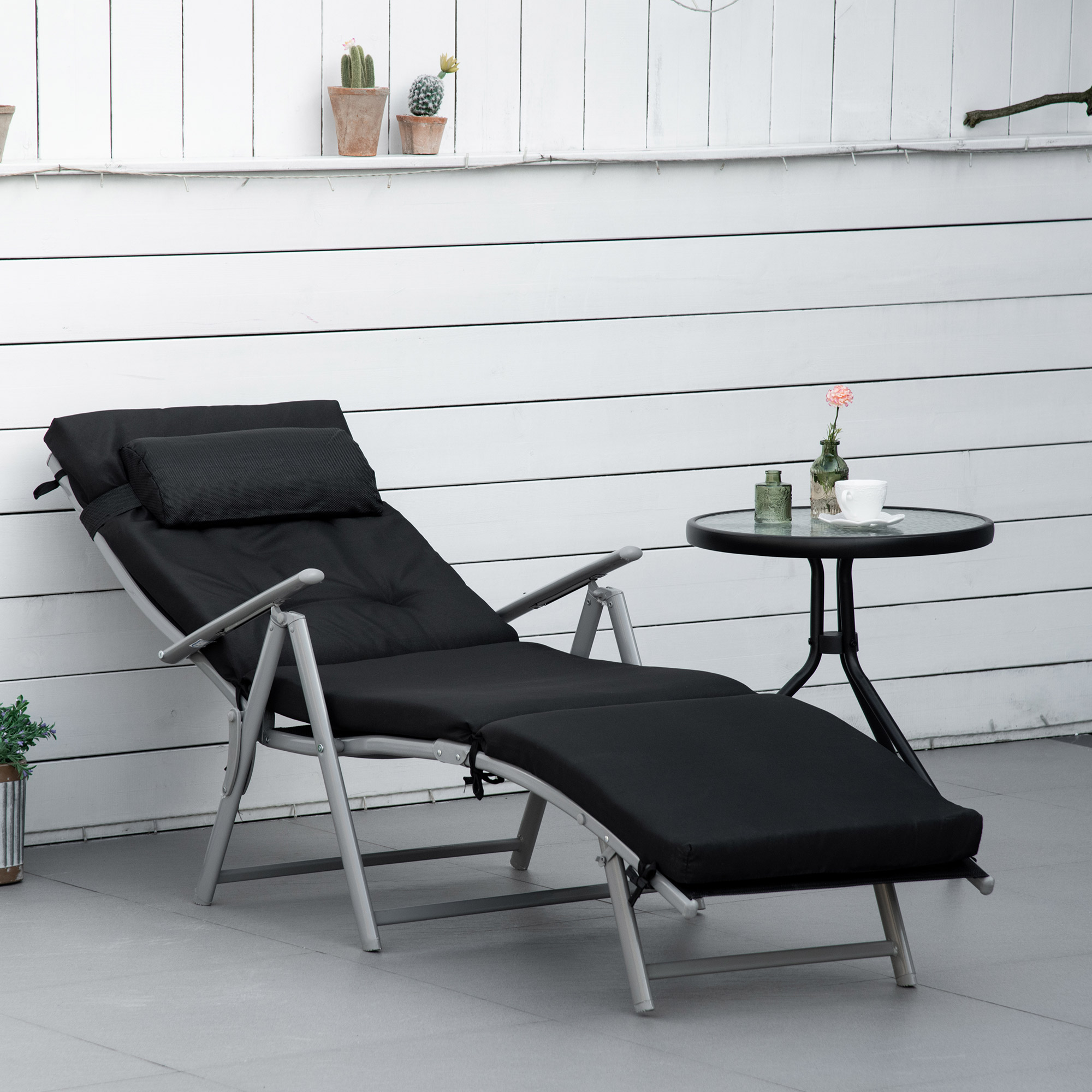 Outdoor Folding Chaise Lounge Chair Recliner with Portable Design, Adjustable Backrest, Cushion and Headrest, Black - Image 6