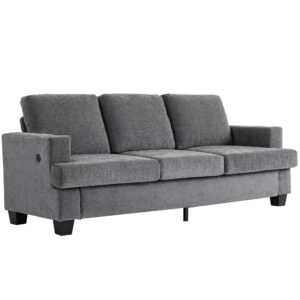 3 Seater Sofa with USB Ports & Cup Holders, Chenille-Feel Upholstered Couch for Living Room, Grey