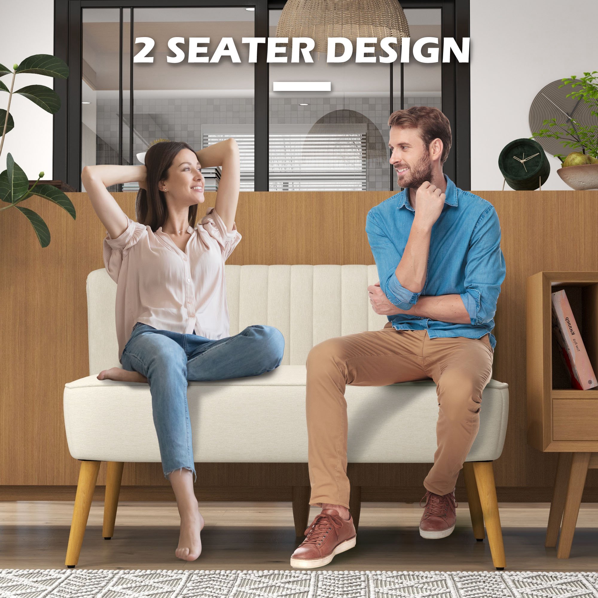 Modern 2 Seat Sofa for Bedroom, Upholstered Two Seater Couch with Rubber Wood Legs, Cream White - Image 4