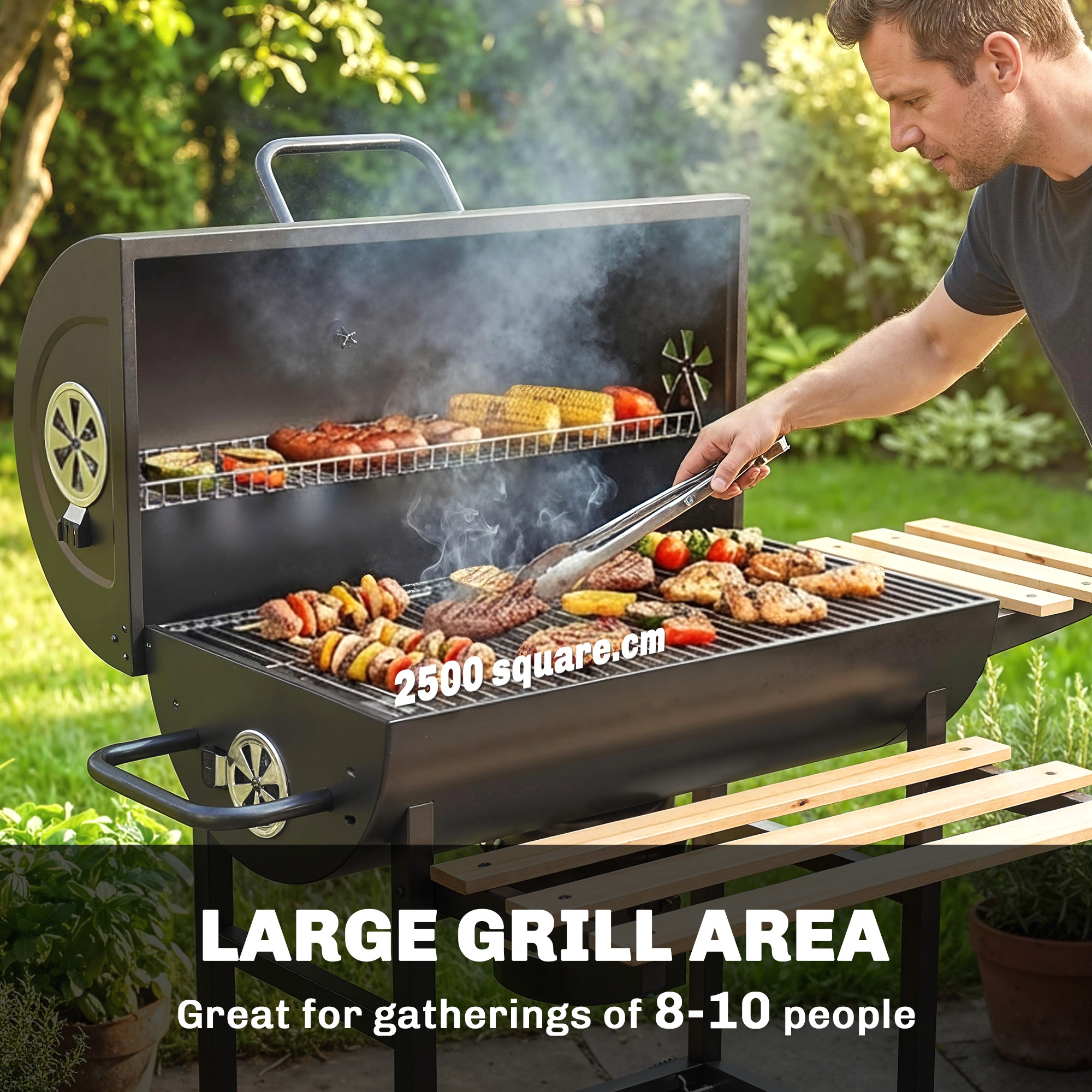 Charcoal BBQ Grill with Foldable Shelves, Barbecue Grill with Warming Rack, Thermometer, Wheels, Natural Wood and Black - Image 2