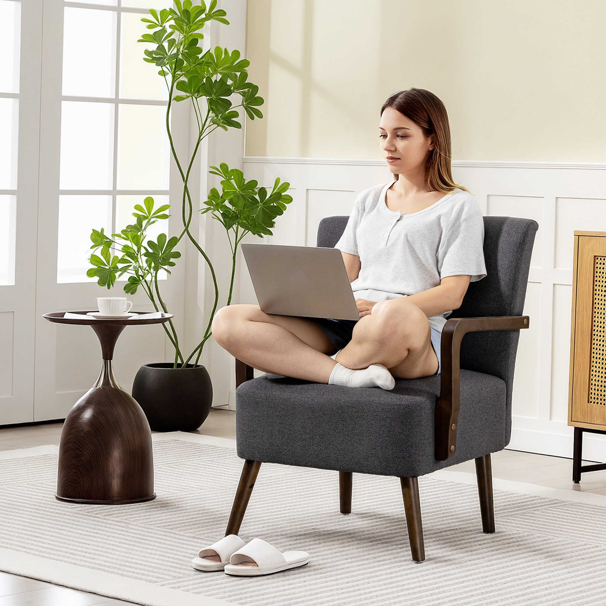 Accent Chair with Wooden Legs, Linen Fabric Armchair with Thick Padding, Comfy Chair for Living Room, Dark Grey - Image 5