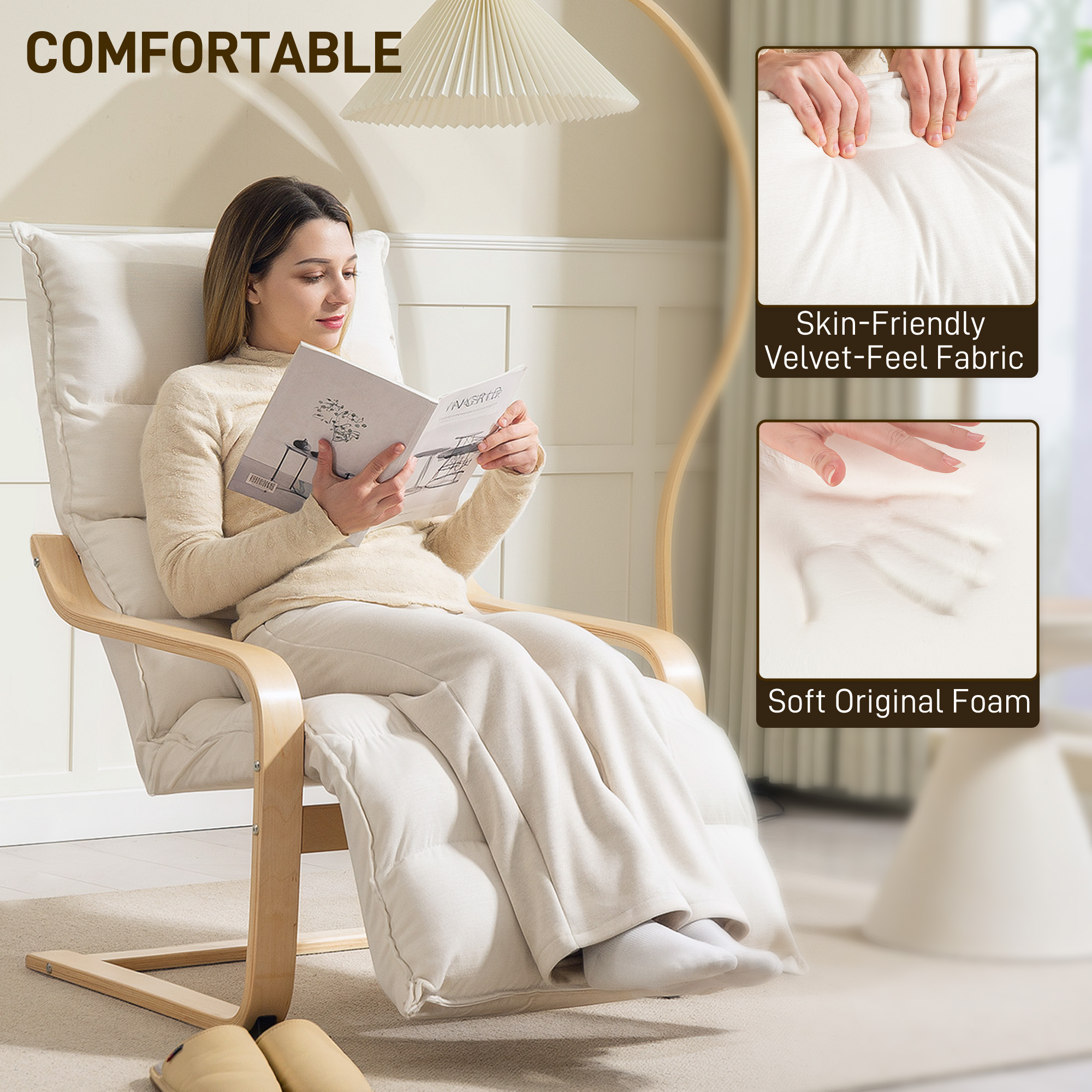 Accent Chair, Velvet Upholstered Living Room Chair with Footrest, Wood Frame, Cream White - Image 2