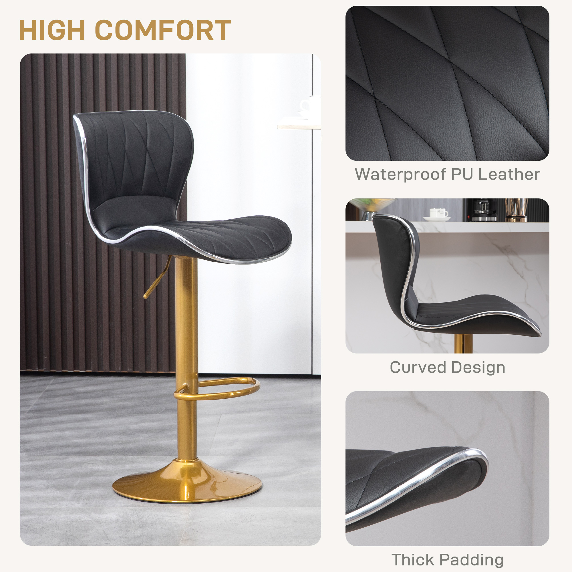 Counter Height Bar Stools Set of 2, Adjustable Height Bar Chairs with Swivel Seat, PU Leather Upholstery - Image 4