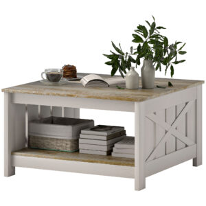 31.5" Square Coffee Table, Farmhouse 2-Tier Center Table for Living Room, Distressed Oak and Brown