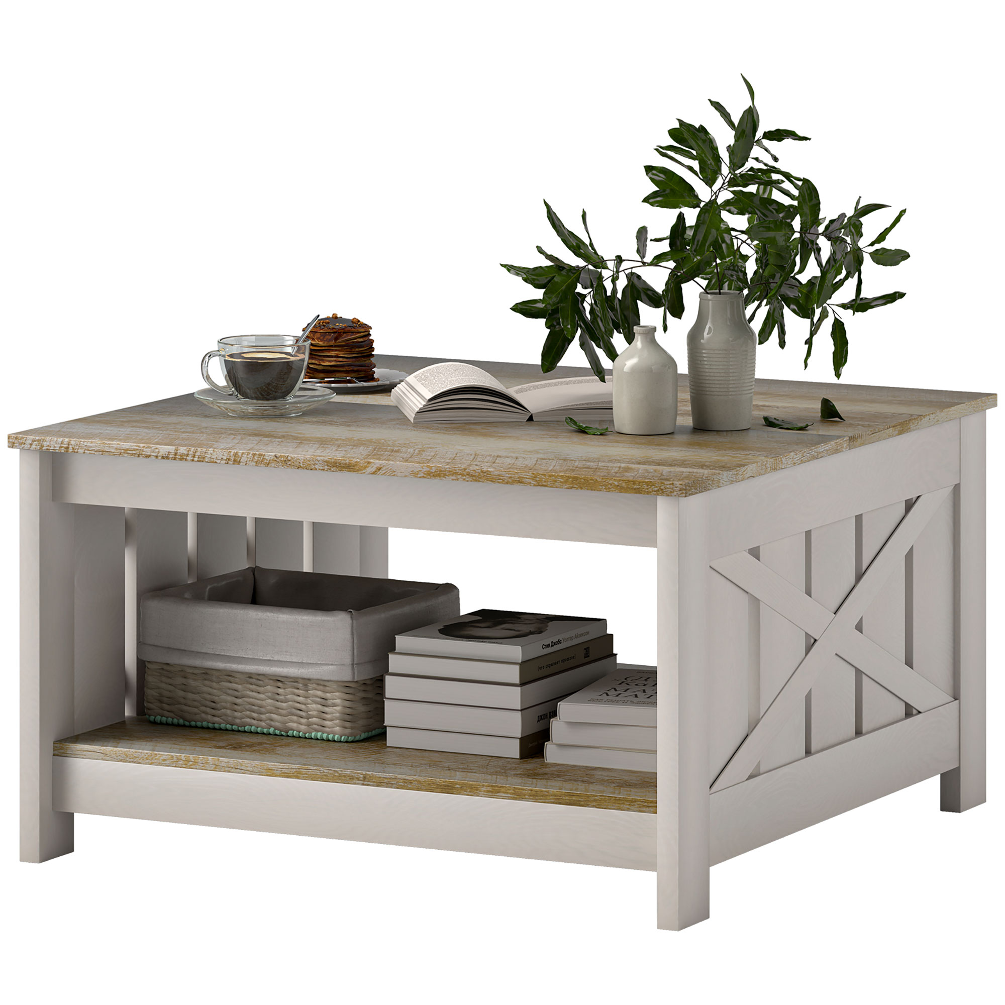 31.5" Square Coffee Table, Farmhouse 2-Tier Center Table for Living Room, Distressed Oak and Brown
