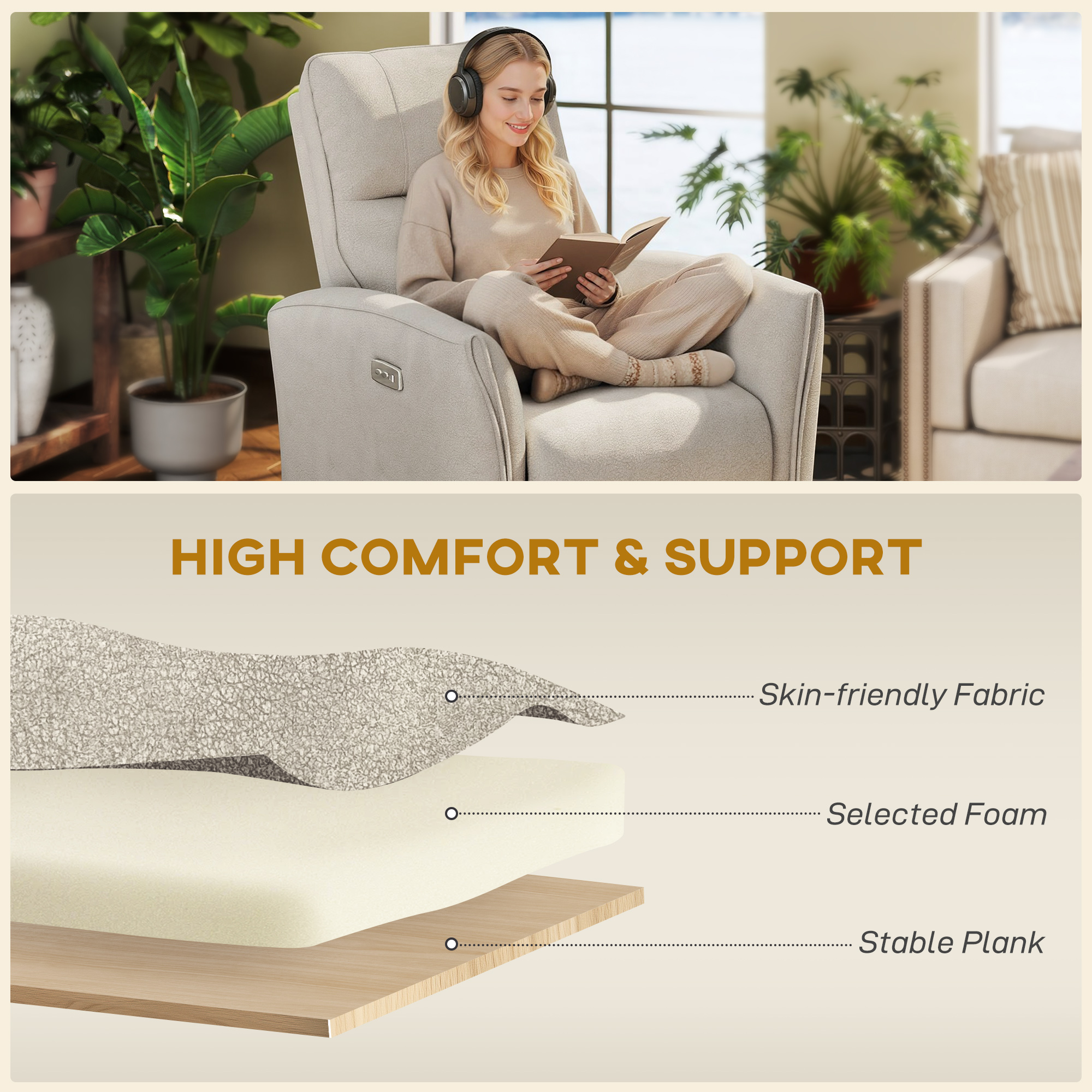 Power Recliner Chair, Dyed Fabric (Like Leathaire) Upholstered Recliner Chair with USB Ports, Footrest, Beige - Image 3
