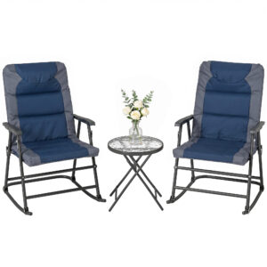3pc Patio Foldable Rocking Chair Set, Outdoor Rocking Chairs and Table Bistro Set w/ Padded Seat, Headrest, Backrest for park, backyard, garden, Blue