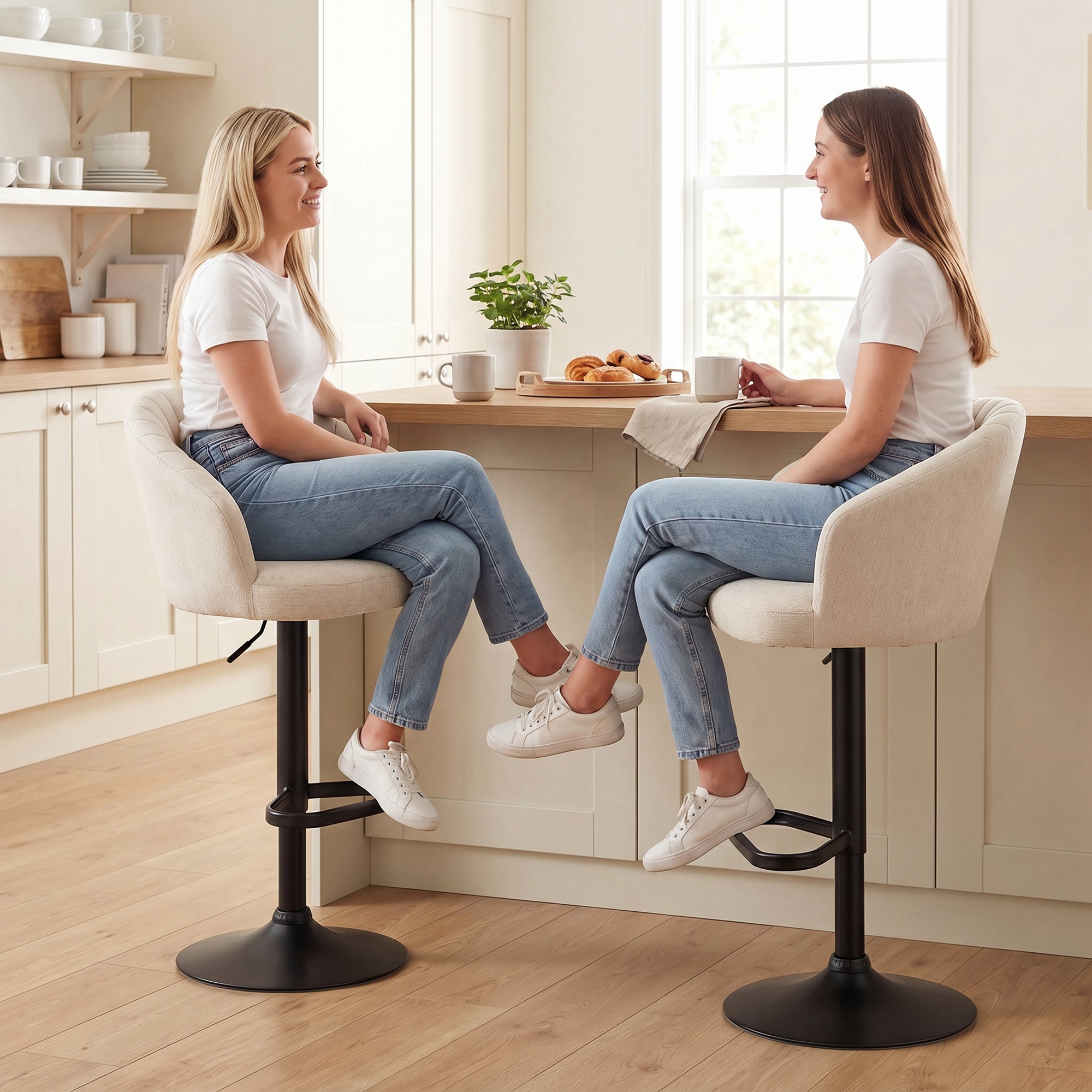Bar Stools Set of 2, Swivel Counter Height Barstools with Back, Footrest, Adjustable Height, Beige - Image 5