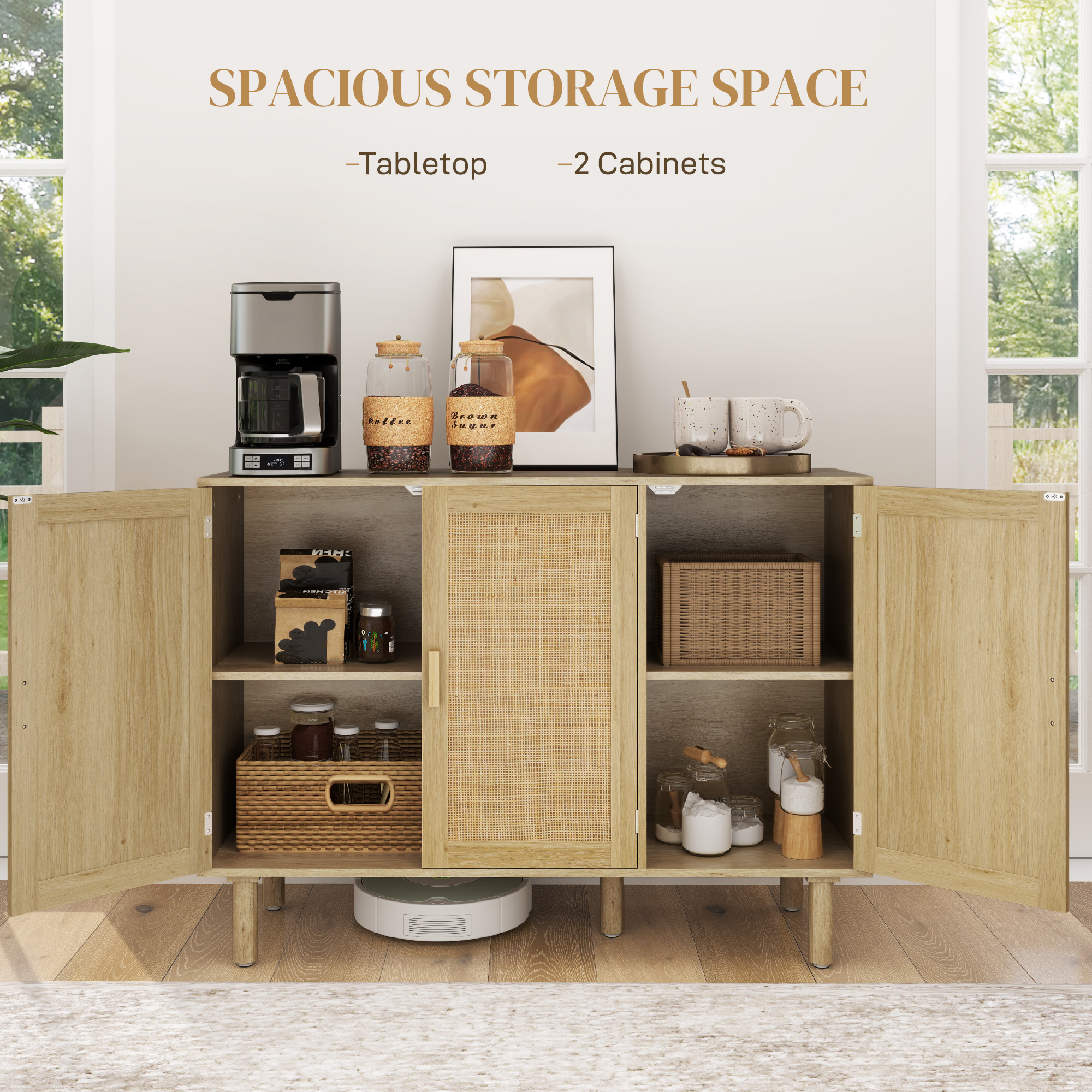 Bohemian Sideboard, 46.9" Buffet Cabinet with 3 Rattan Doors and Shelves for Living Room, Hallway, Oak - Image 2