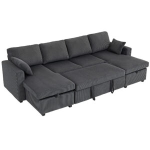 Convertible Sofa Bed, Corduroy U-Shaped Sleeper Sofa Couch with Storage Chaise, Pillows, Spring, Futon Couch, Grey