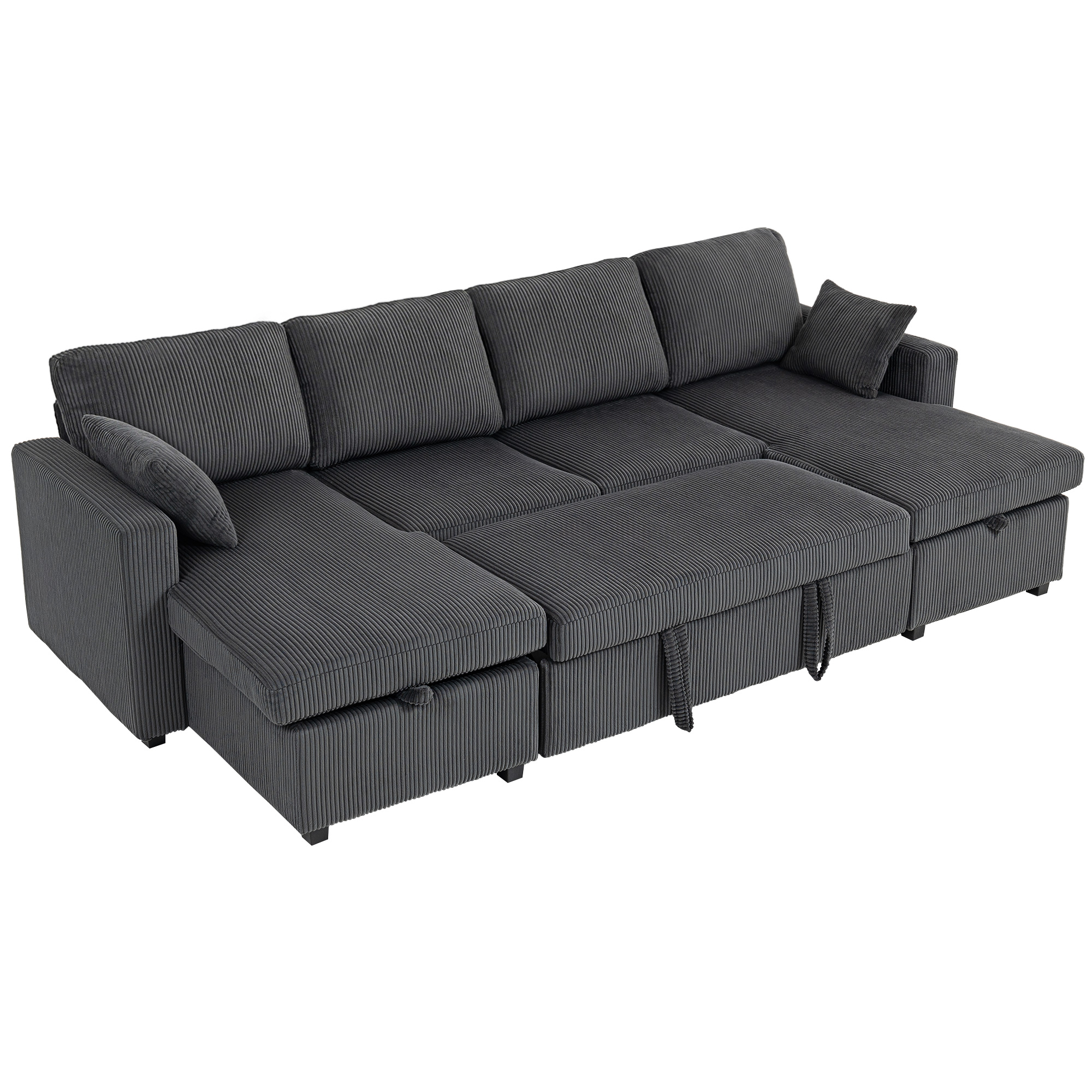 Convertible Sofa Bed, Corduroy U-Shaped Sleeper Sofa Couch with Storage Chaise, Pillows, Spring, Futon Couch, Grey
