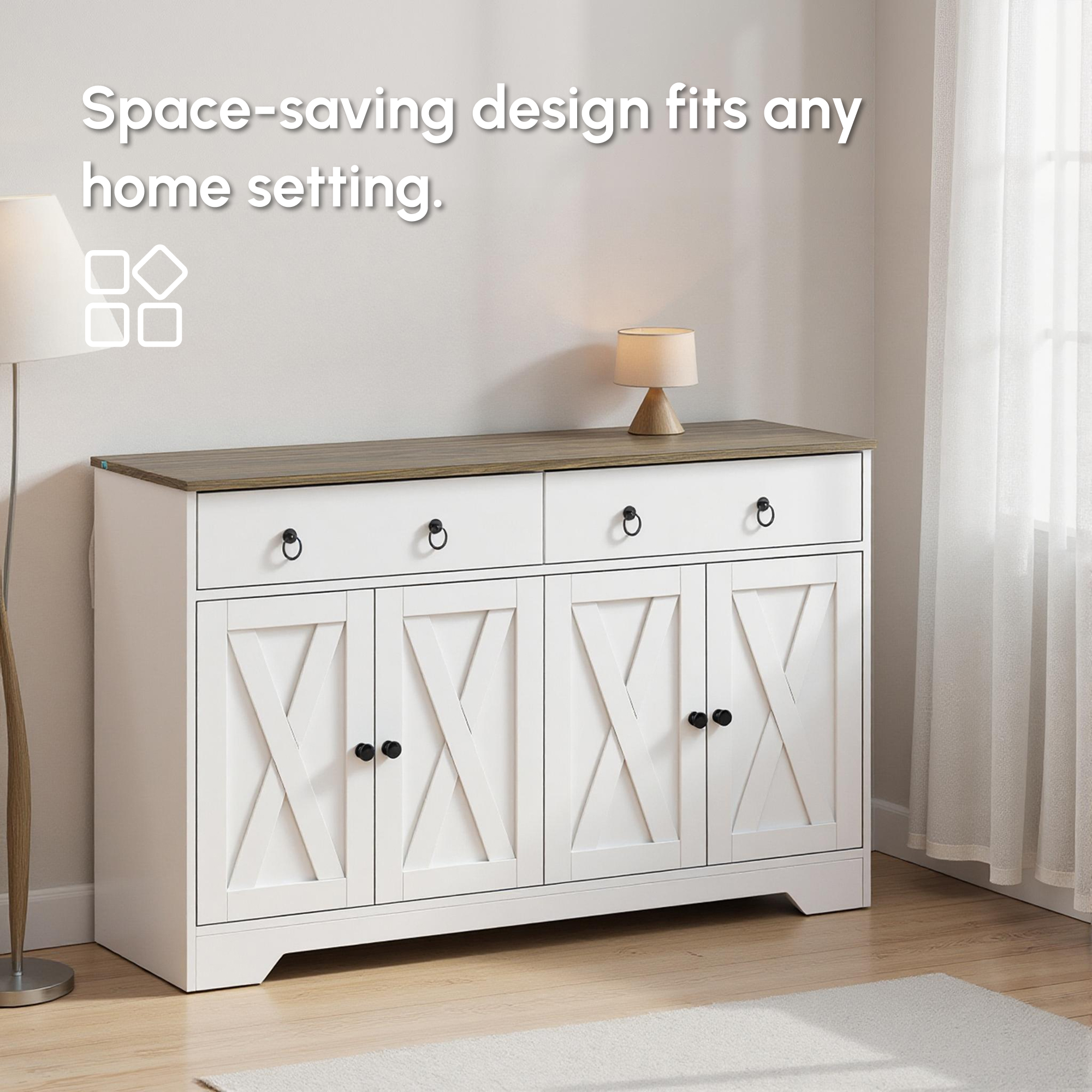 Kitchen Sideboard Cabinet with 2 Drawers, 4 Barn Doors and 2 Adjustable Shelves, Buffet Table for Living Room, White - Image 6