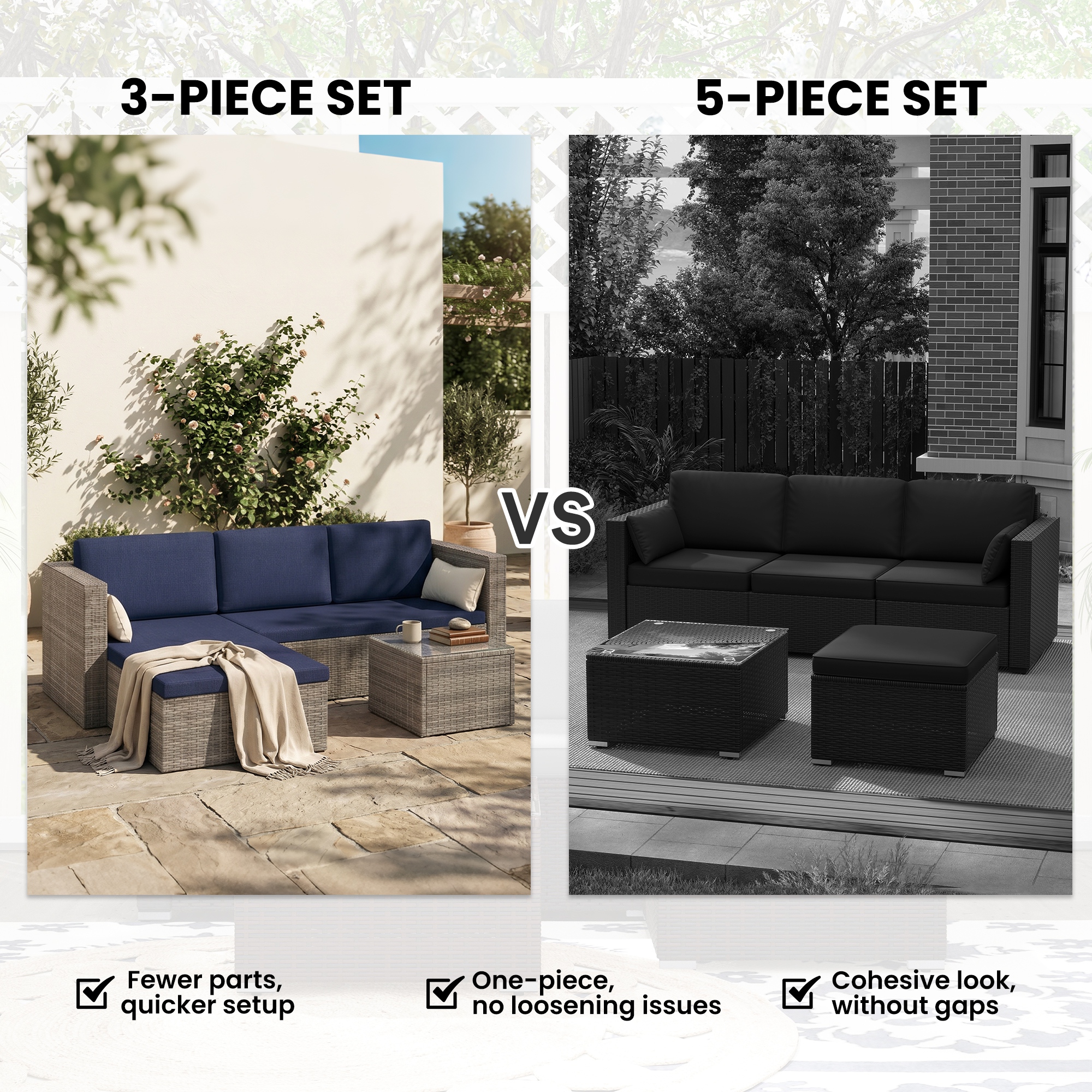 3pcs Modern Rattan Sofa Set, Wicker Patio Furniture Set with Coffee Table, Cushions, Pillows - Image 5