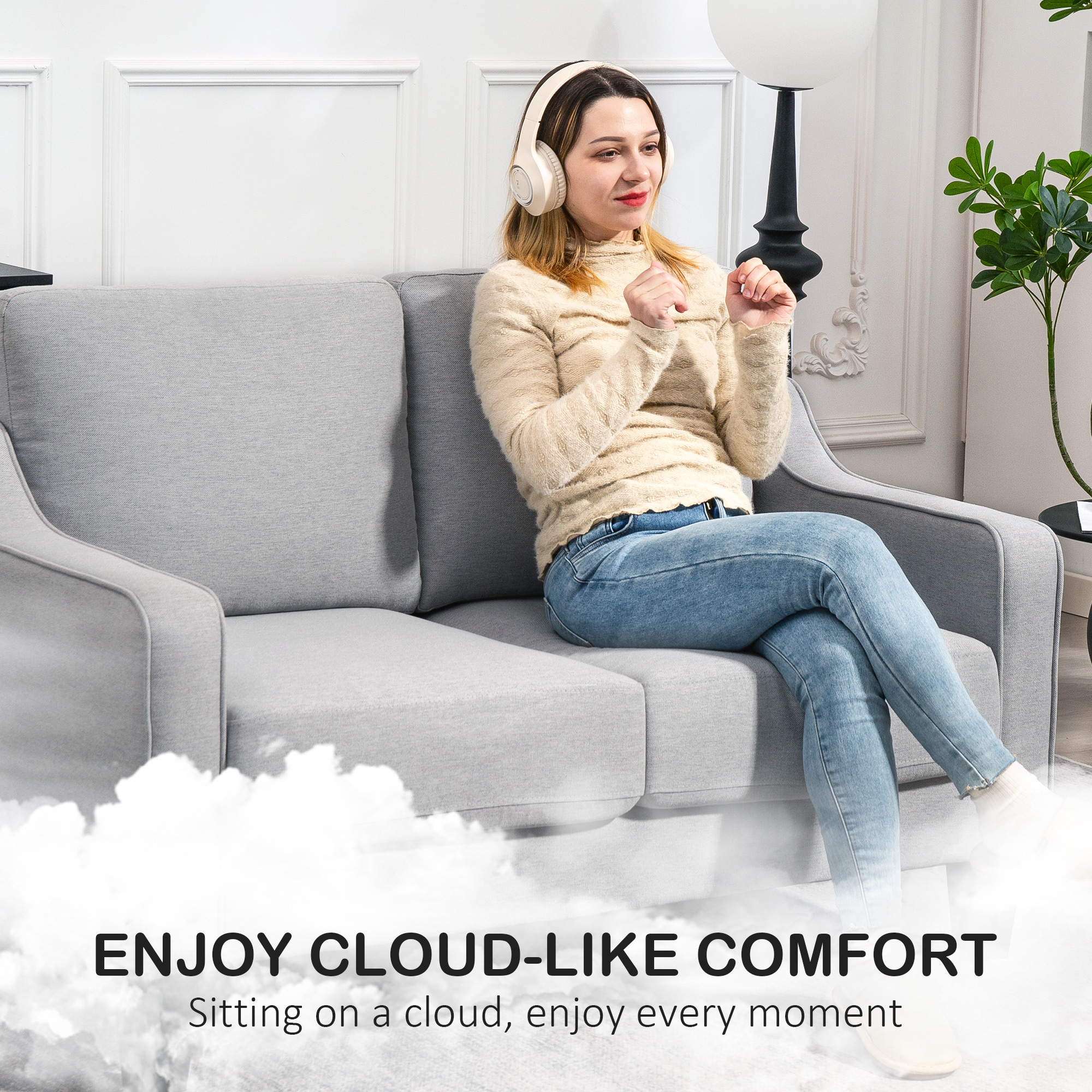 Loveseat Sofa, Modern Couch with Pocket Spring, Linen Upholstered, Thick Padded, Light Grey - Image 2