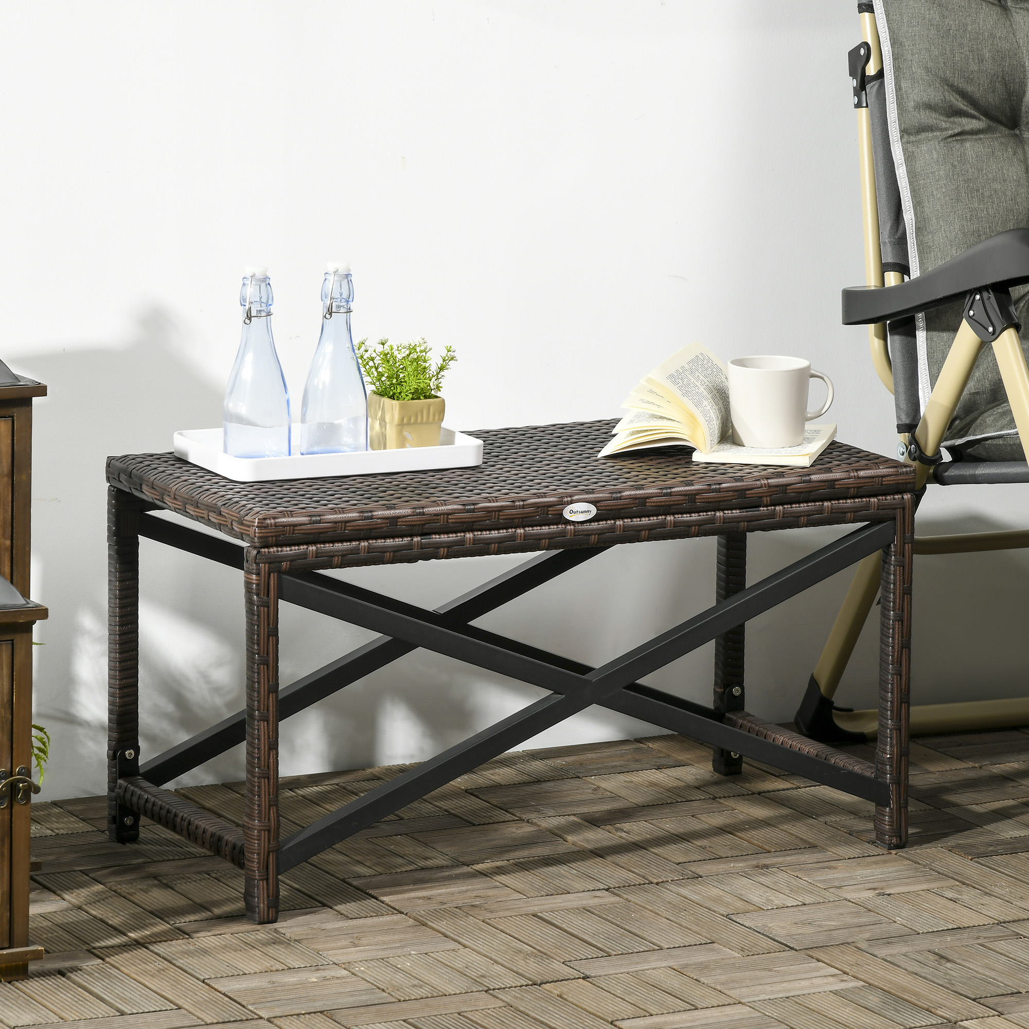 Patio Wicker End Table, Outdoor PE Rattan Side Table, with Plastic Board Under the Full Woven Table Top for Patio, Garden, Balcony, Mixed Brown - Image 6