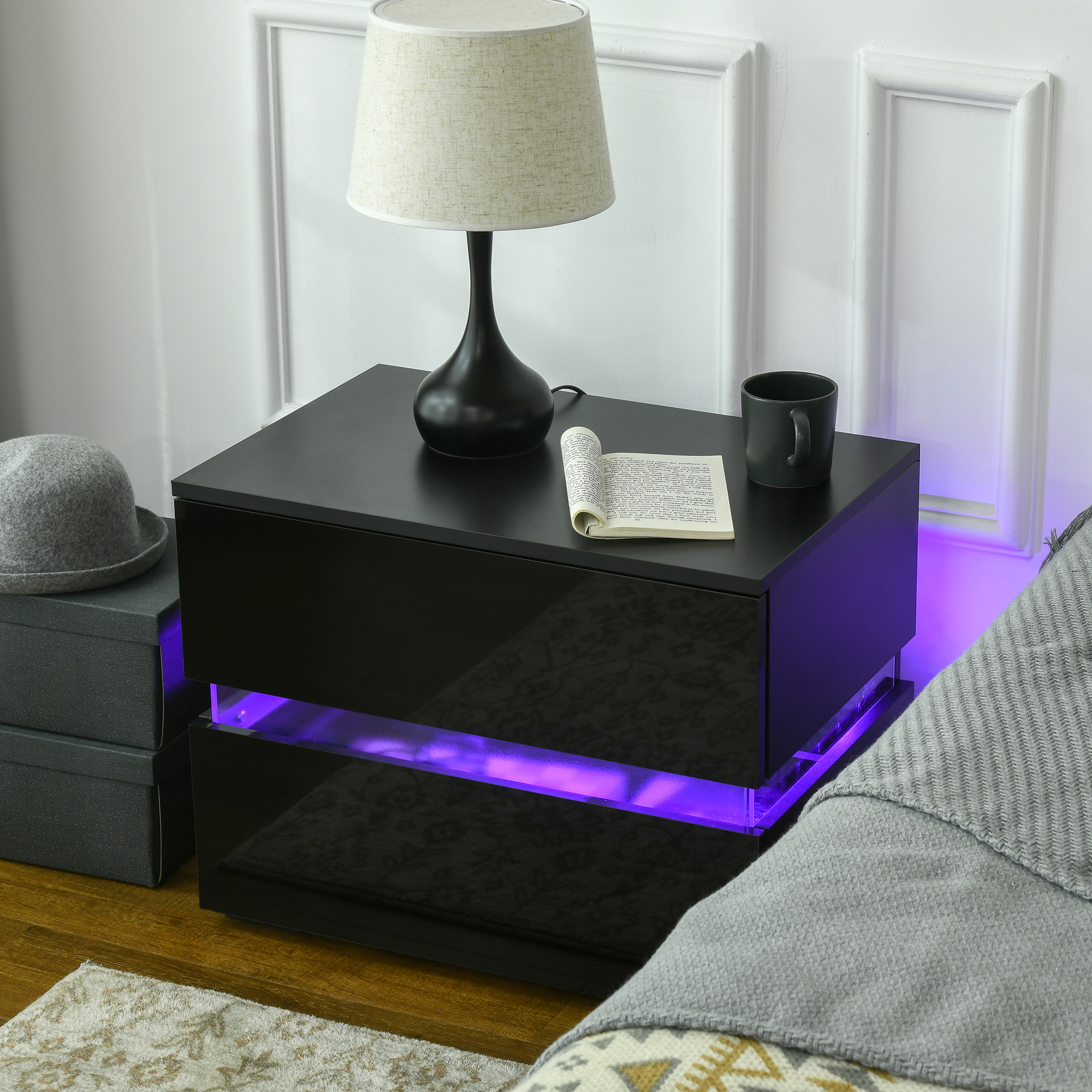 Modern Nightstand, Bedside Table with 2 Drawers, RGB LED Lights for Bedroom, Black - Image 5