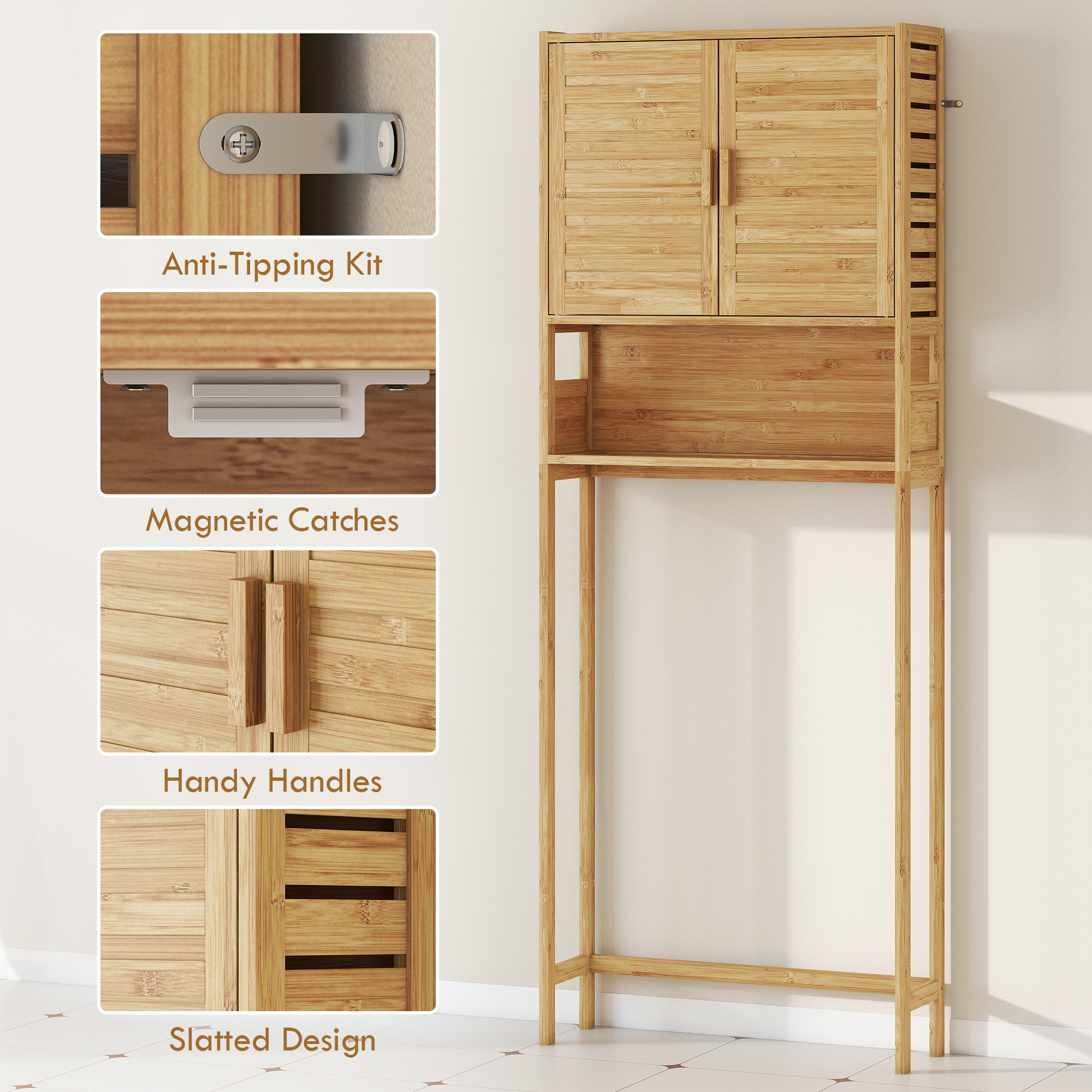 Over the Toilet Cabinet, Bathroom Organizer with 2 Doors, Open Compartment and Adjustable Shelf, Natural Wood Finish - Image 5