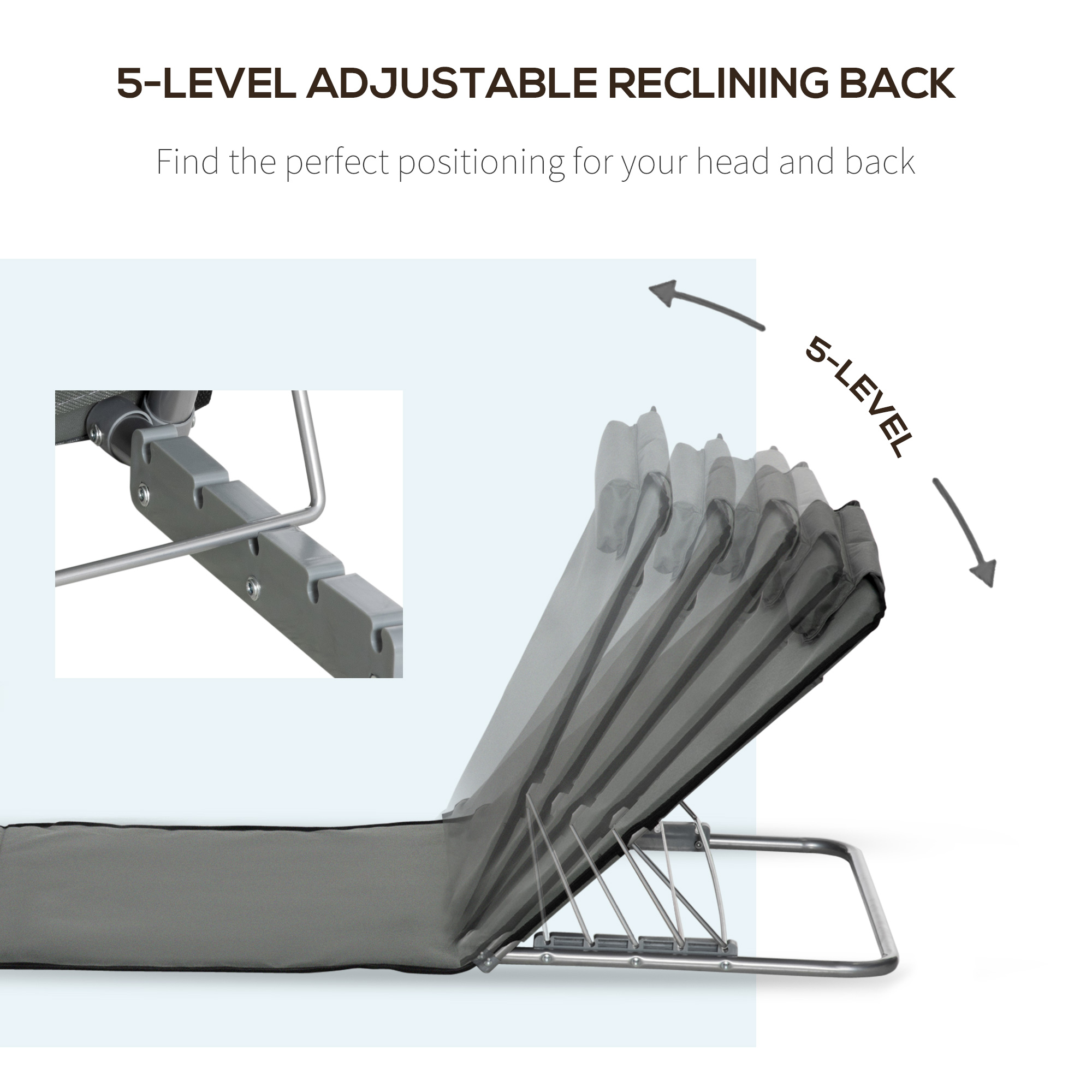 Set of 2 Sun Lounger Beach Mat Folding Lounge Chair Mat with Adjustable Back Steel Frame Head Pillow Carry Bag Grey - Image 2