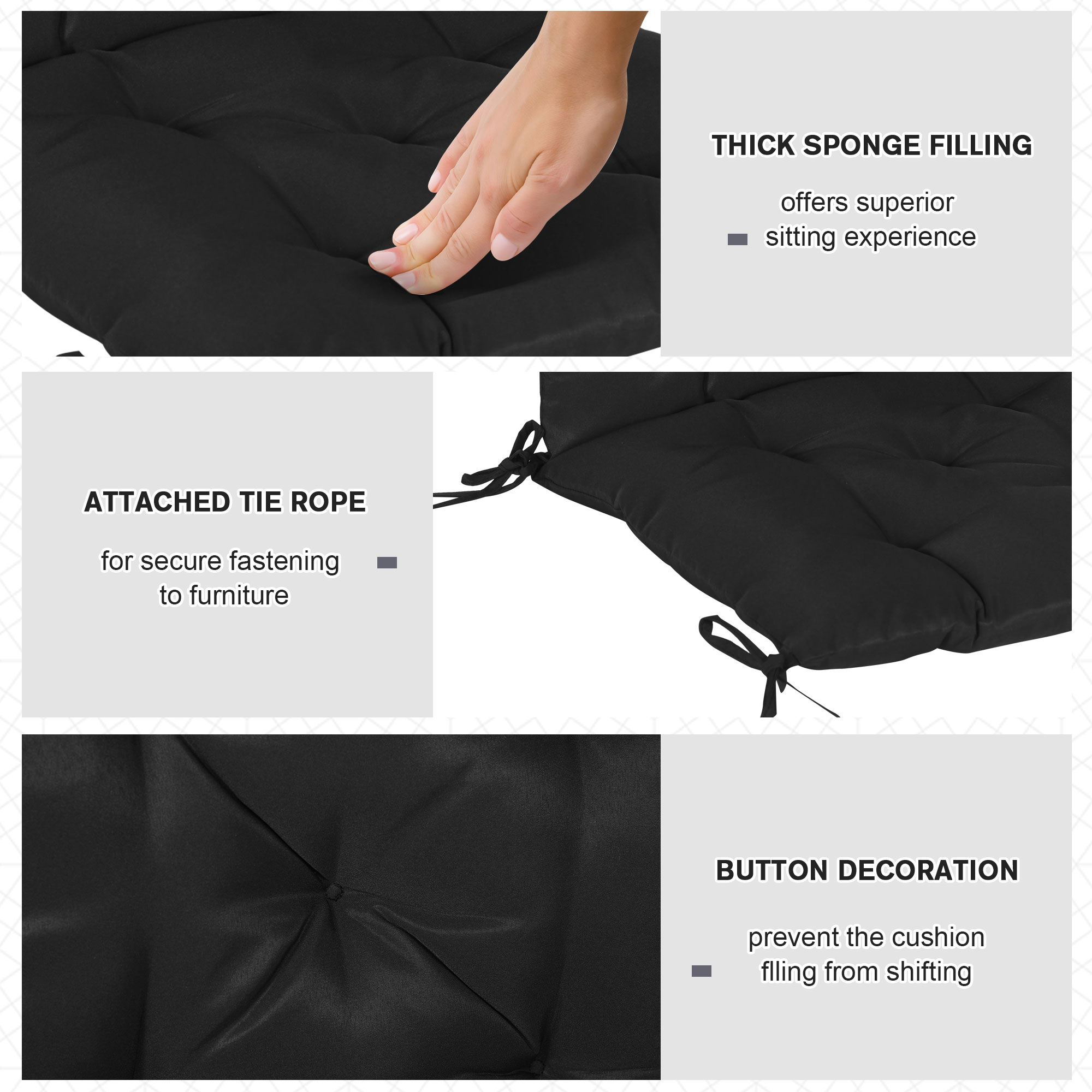 Patio Chair Cushions Set of 2, 39" x 20" x 3" Outdoor Tufted Cushion Set with Ties for Indoor Outdoor Garden Furniture, Black - Image 4