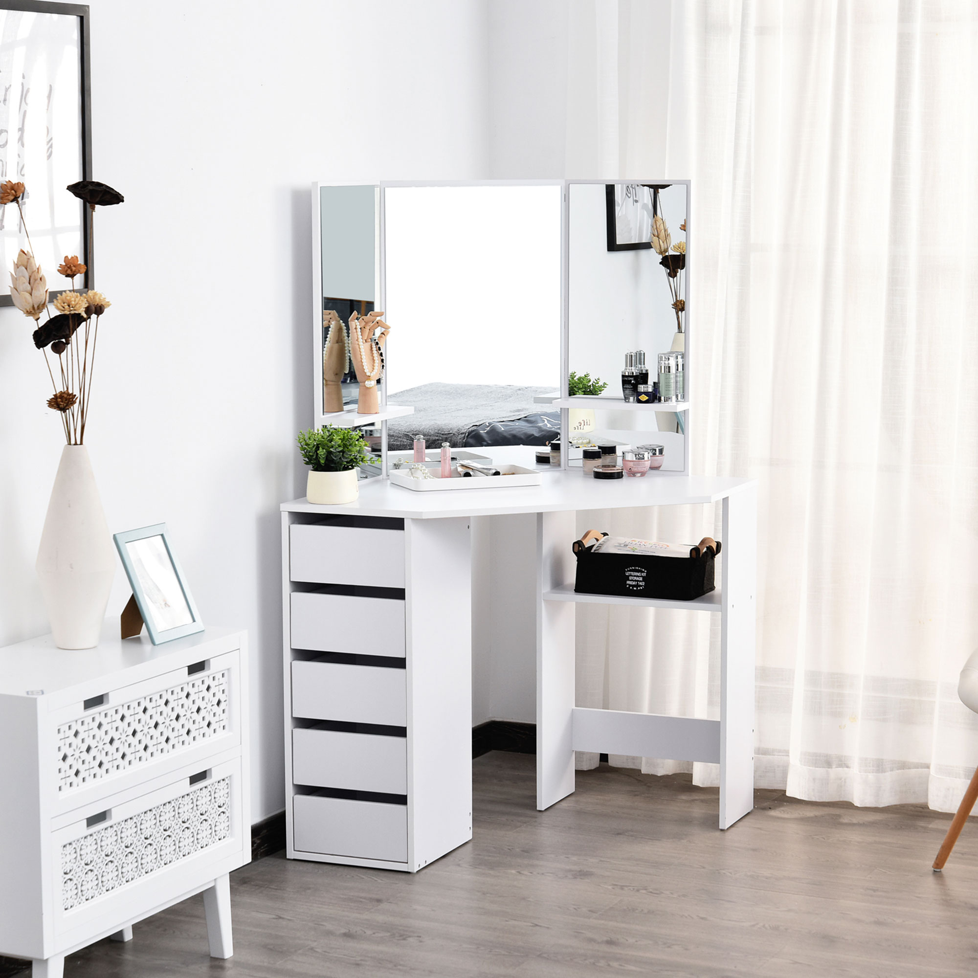 Corner Dressing Table, Makeup Desk with 3-piece Mirror and 5 Drawers, White - Image 4