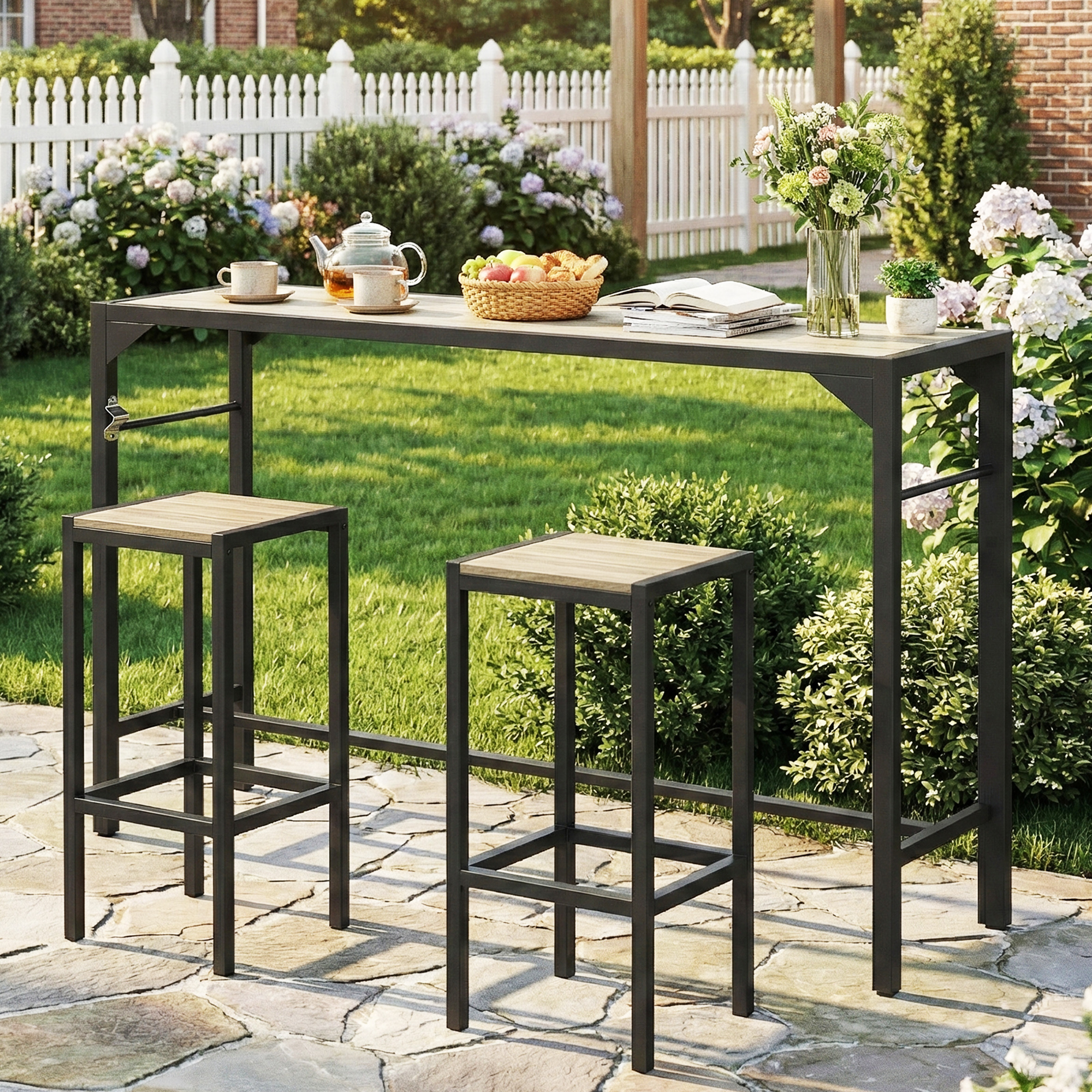 Bar Height Outdoor Table with Built-In Bottle Opener, Patio Bar Table with Wood Grain Plastic Top, 55" x 15" x 39" - Image 6