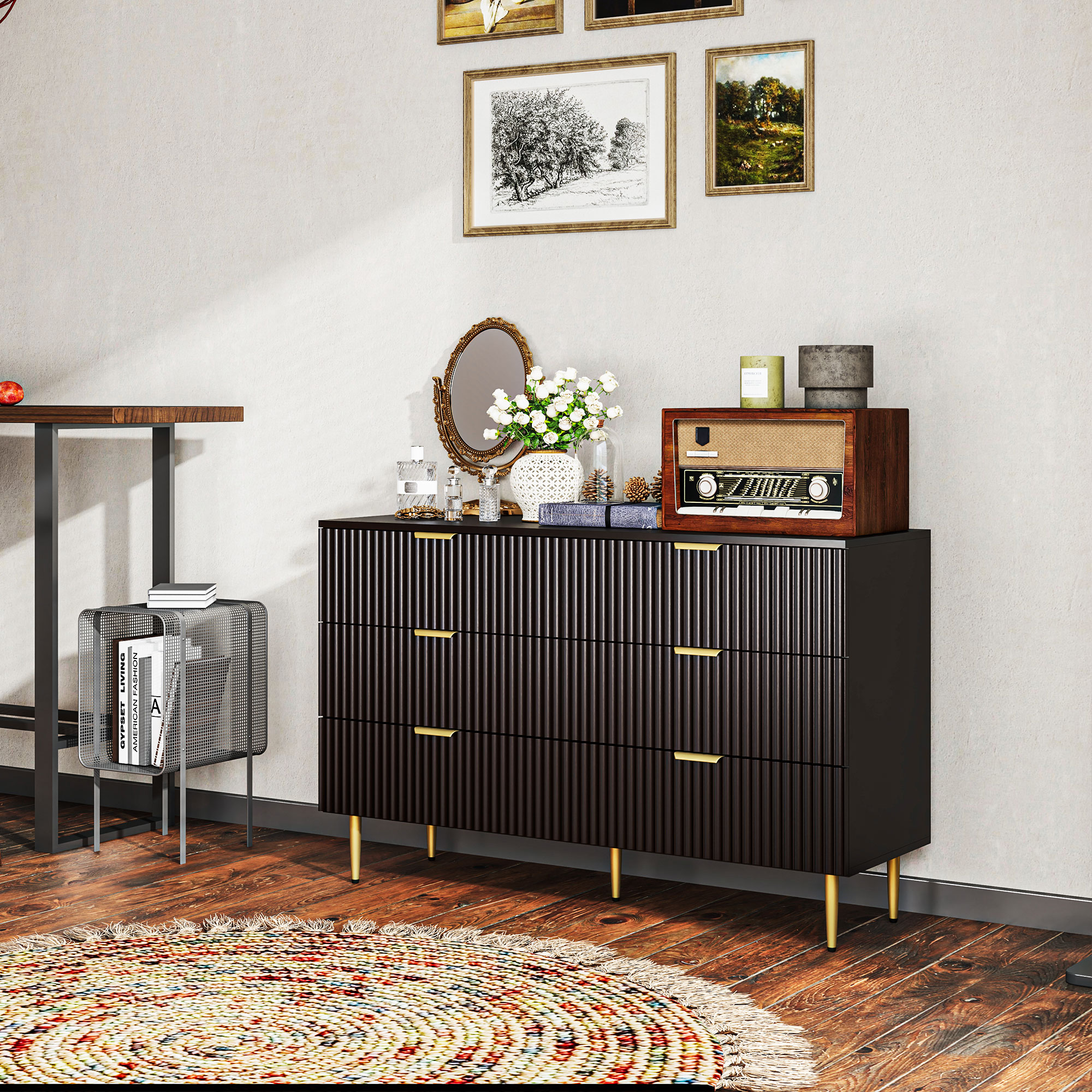 Modern Chest of Drawers 6 Drawer Dresser for Bedroom with Gold Legs and Handles, Black - Image 6