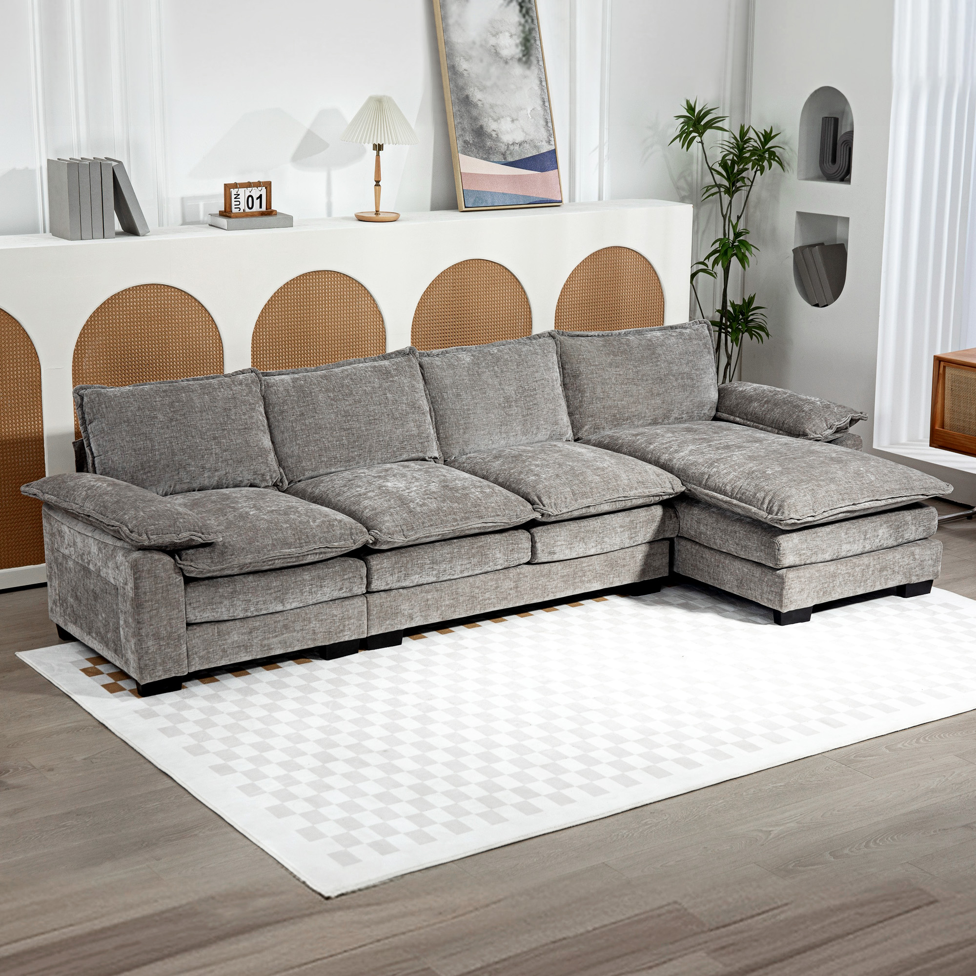 Sofa Couch with Chaise Lounge, Chenille L-shaped Couch with Double-layer Seat Cushion for Living Room, Grey - Image 6