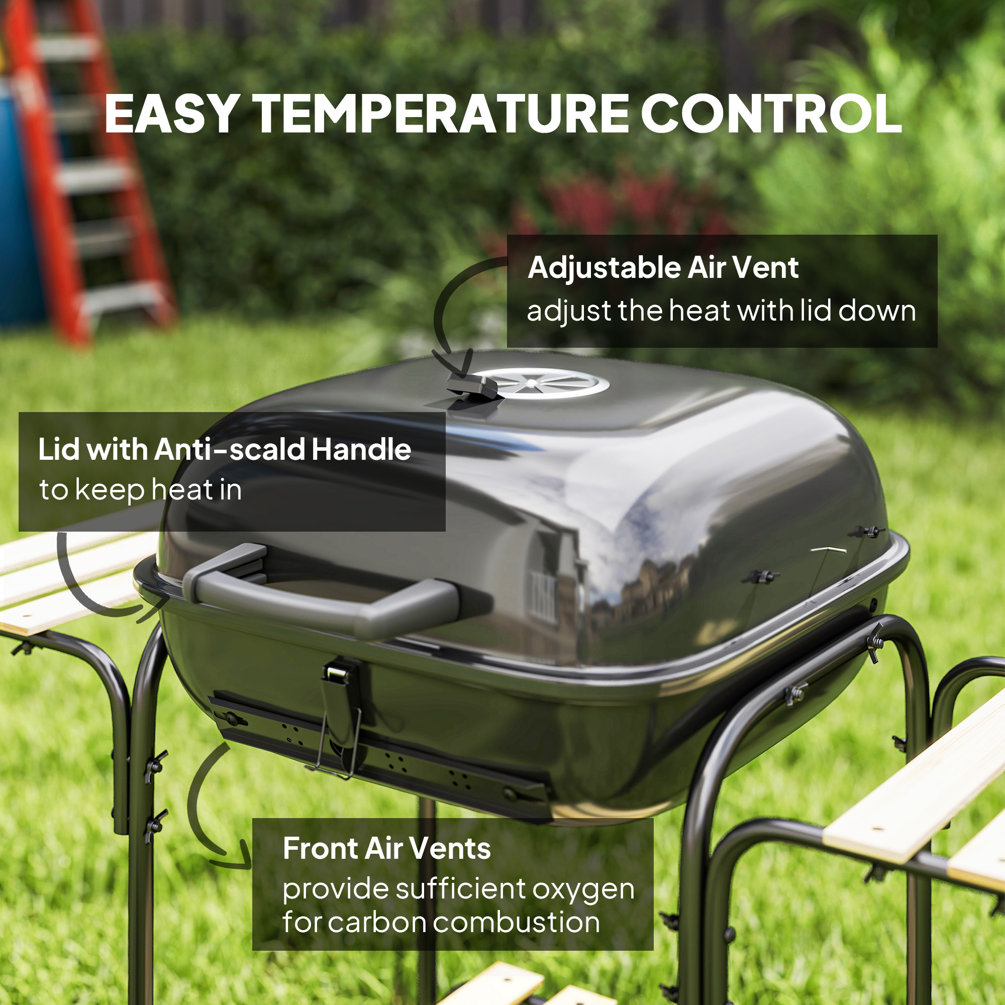 Charcoal BBQ Grill, BBQ Grill with 1840 cm² Cooking Area, 3 Shelves, Adjustable Vent, Lockable Lid, Wheels, Black - Image 3