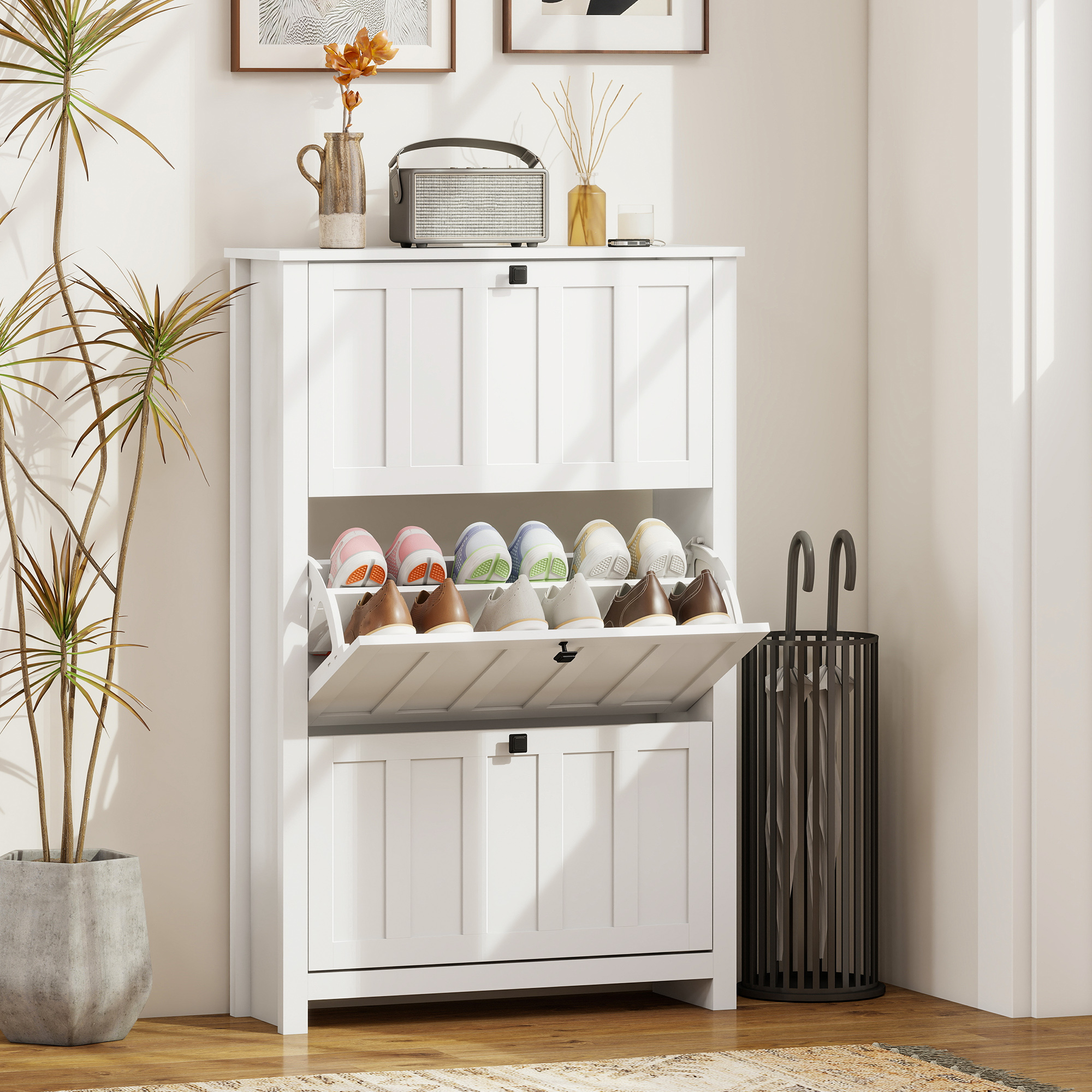 Slim Shoe Cabinet with 3 Flip Drawers, Shoe Storage Cabinet with Adjustable Shelves for Entryway, Holds 18 Pairs, White - Image 5