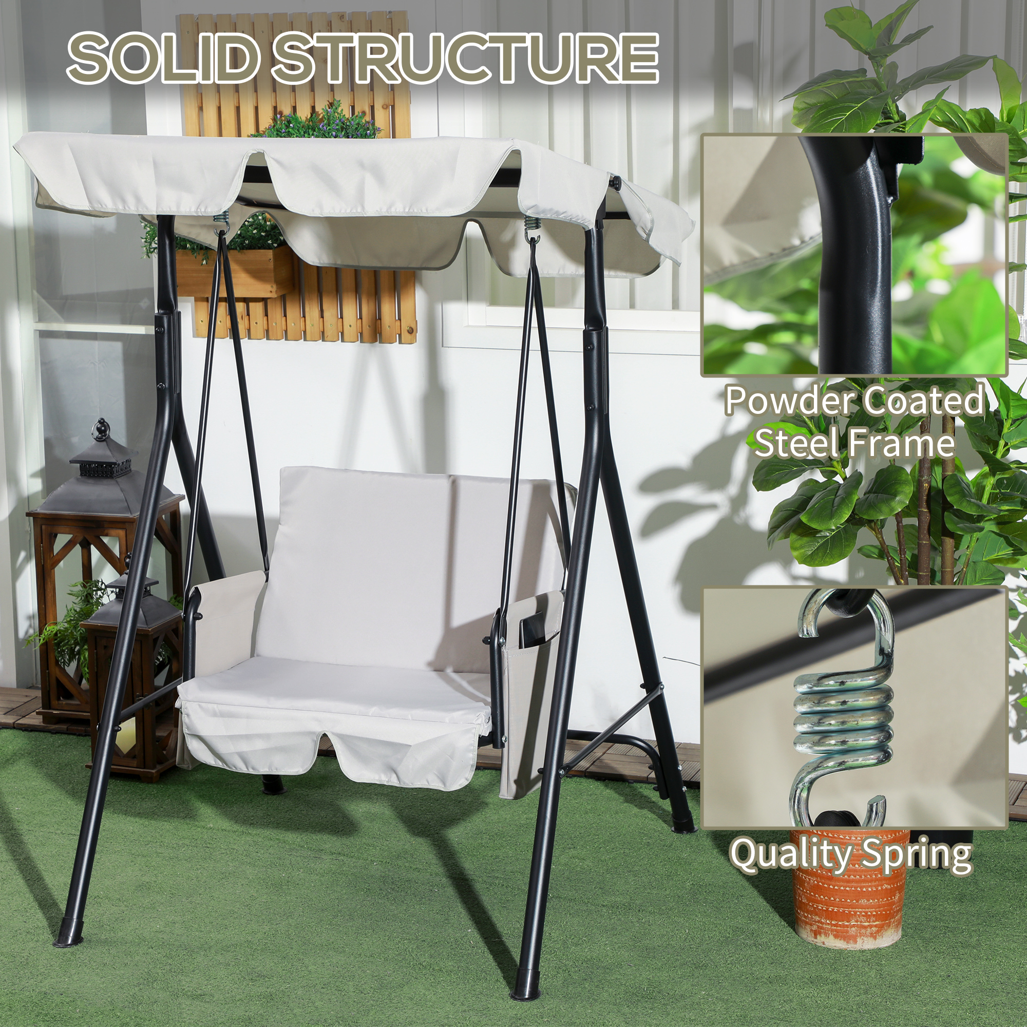 1-Seat Outdoor Porch Swing Patio Swing with Adjustable Canopy, Removable Seat and Back Cushion for Garden, Poolside - Image 2